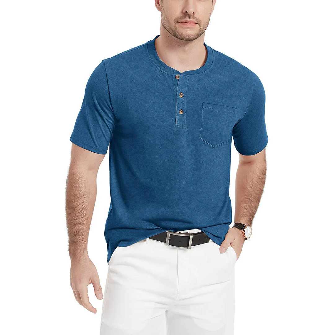 Men's Cotton Casual Henley T-Shirt with Pocket