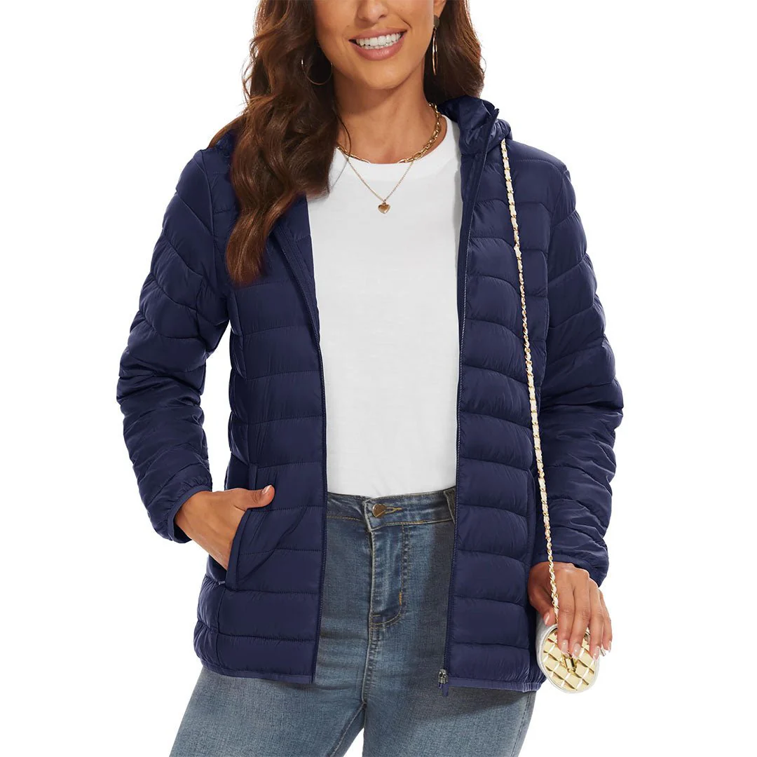 Women's Lightweight Puffer Full-zip Water-Resistant Winter Coat with Hood