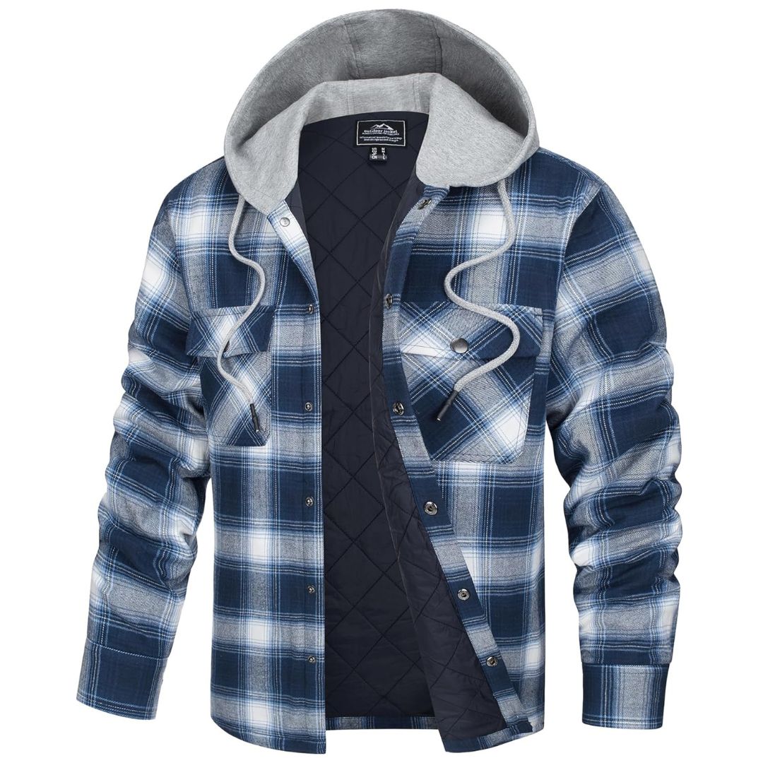 Men's Hooded Thick Plaid Flannel Long Sleeve Winter Cotton Coat with Pockets