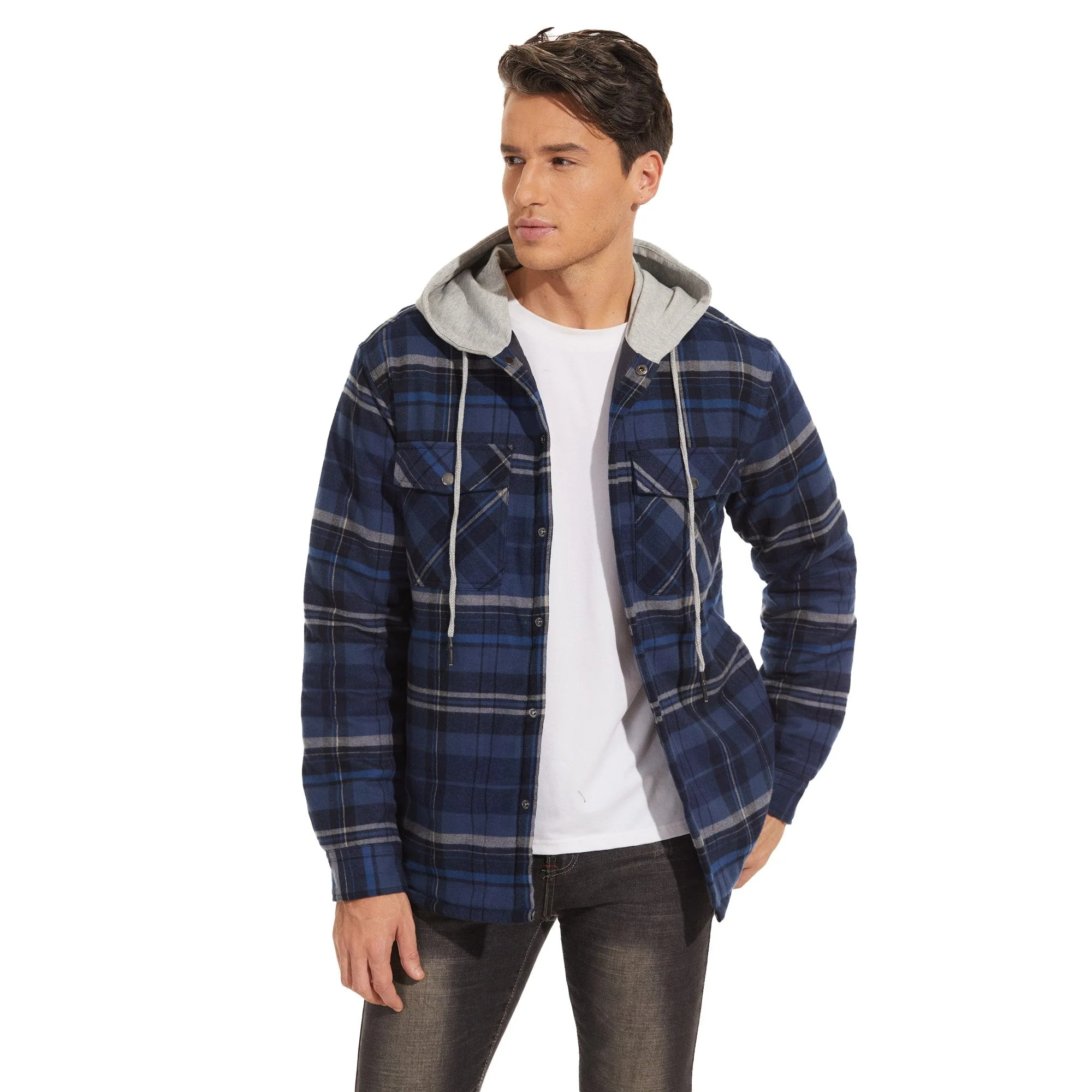 Men's Hooded Thick Plaid Flannel Long Sleeve Winter Cotton Coat with Pockets