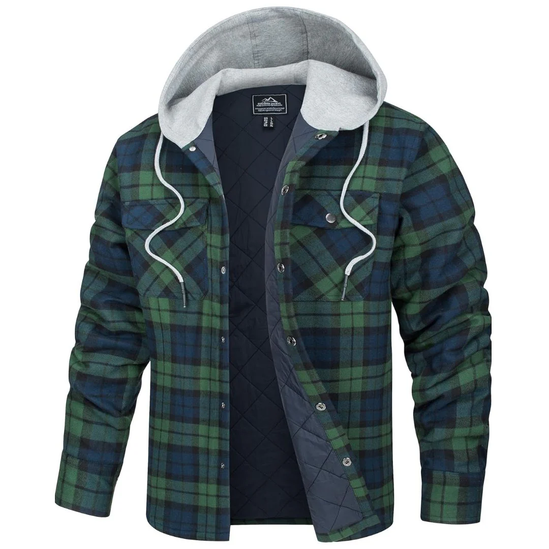 Men's Hooded Thick Plaid Flannel Long Sleeve Winter Cotton Coat with Pockets