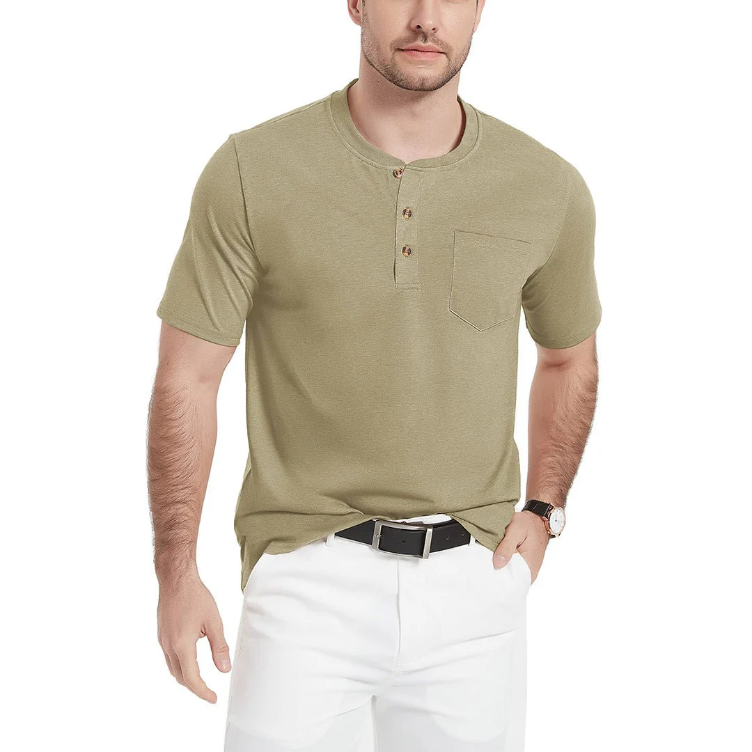 Men's Cotton Casual Henley T-Shirt with Pocket