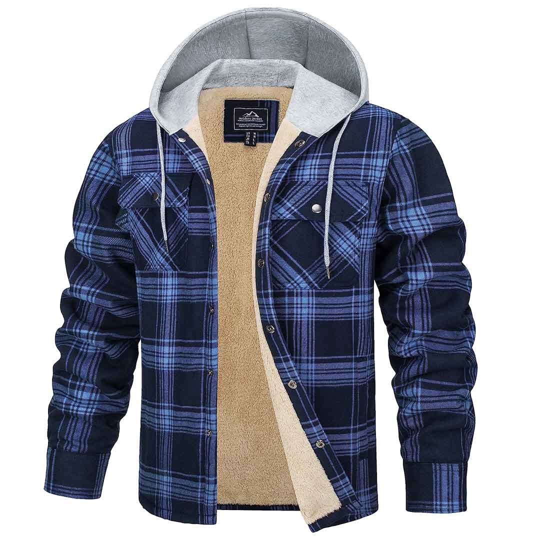 Men's Multiple Pockets Flannel Plaid Shirts Fleece Lining Jacket with Hood