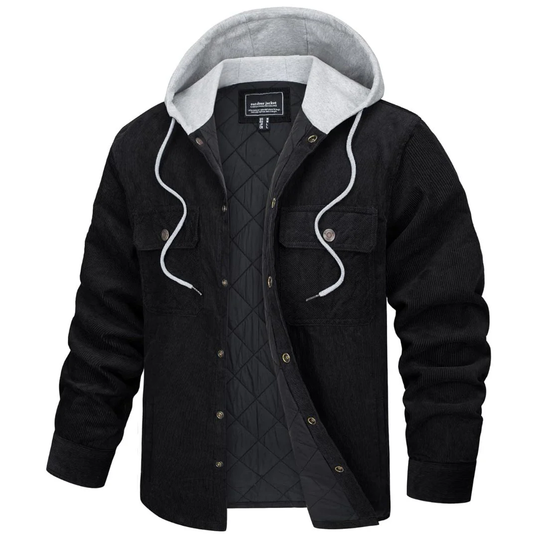 Men's Casual Hooded Corduroy Jacket Cotton Fleece Padded