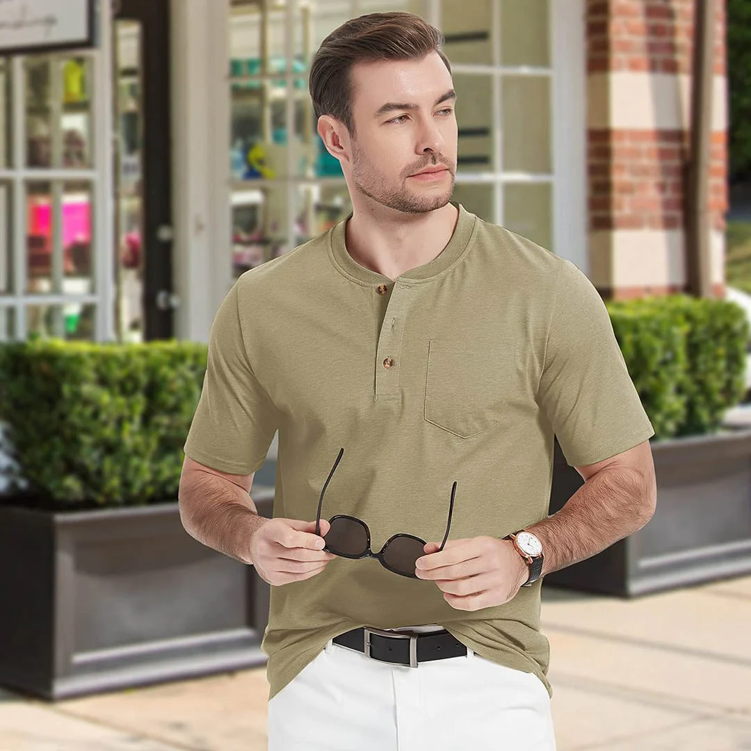Men's Cotton Casual Henley T-Shirt with Pocket