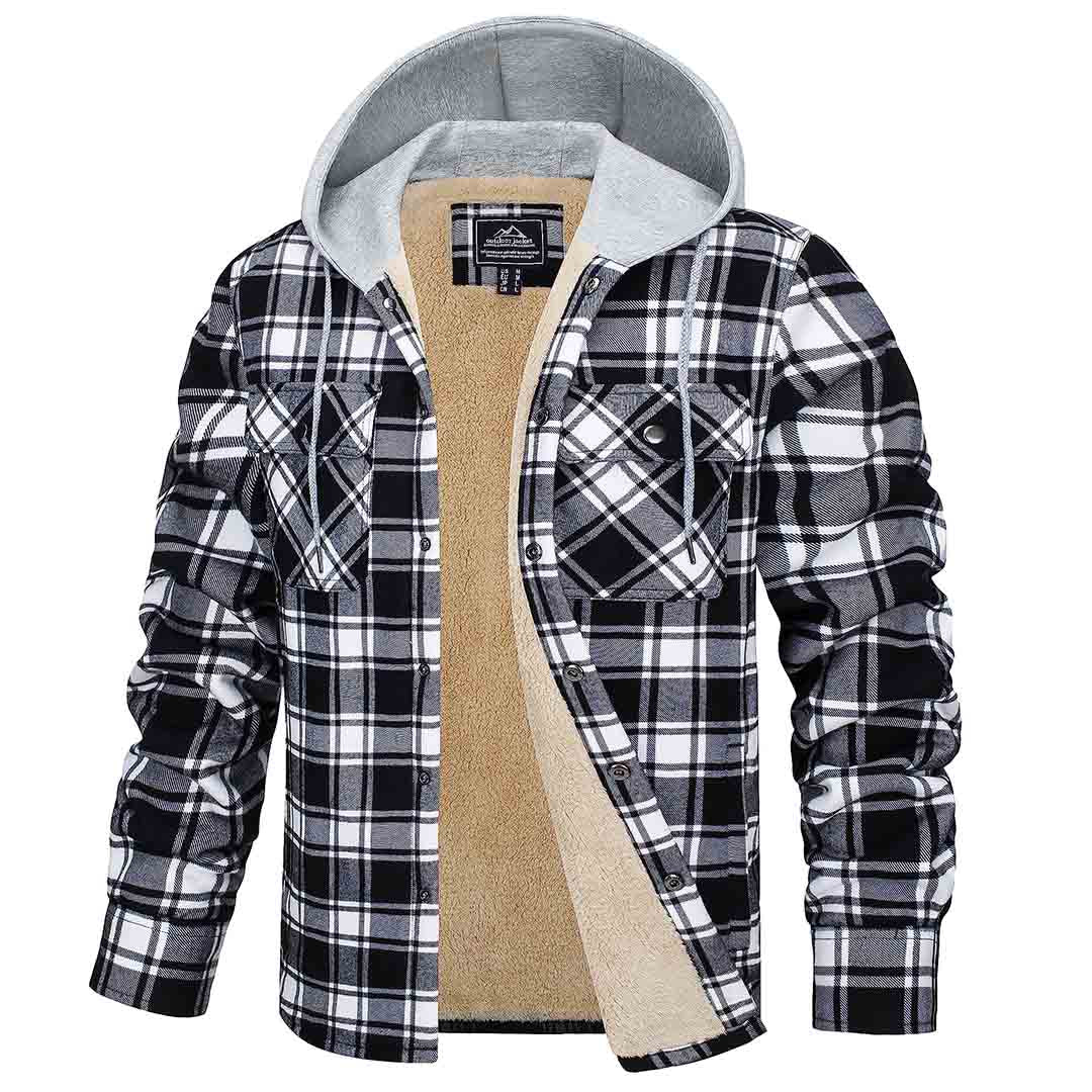 Men's Multiple Pockets Flannel Plaid Shirts Fleece Lining Jacket with Hood