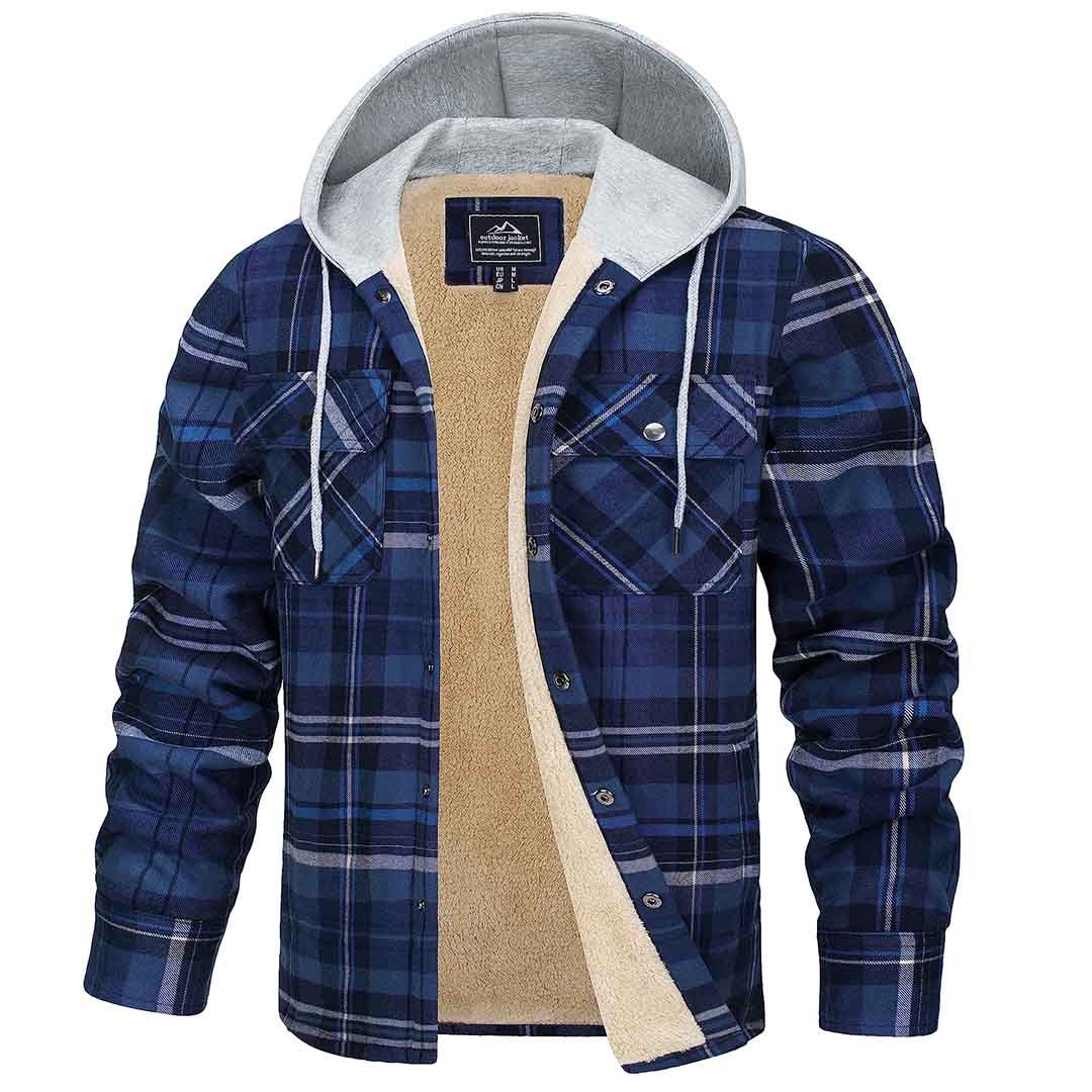 Men's Multiple Pockets Flannel Plaid Shirts Fleece Lining Jacket with Hood