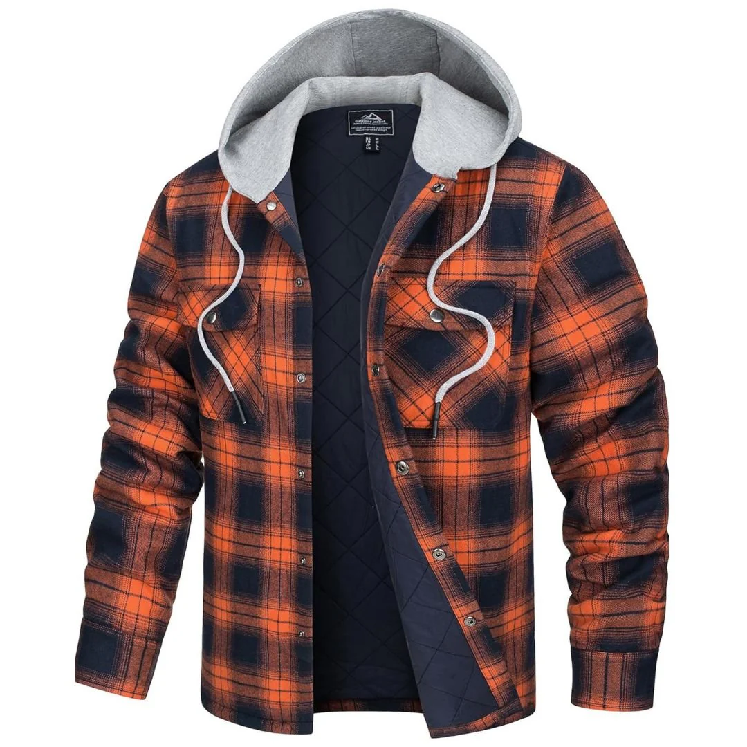 Men's Hooded Thick Plaid Flannel Long Sleeve Winter Cotton Coat with Pockets