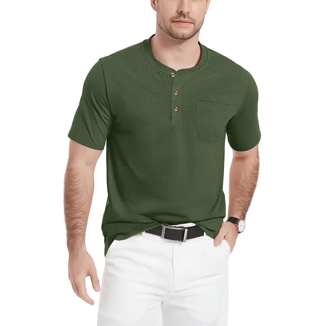 Men's Cotton Casual Henley T-Shirt with Pocket