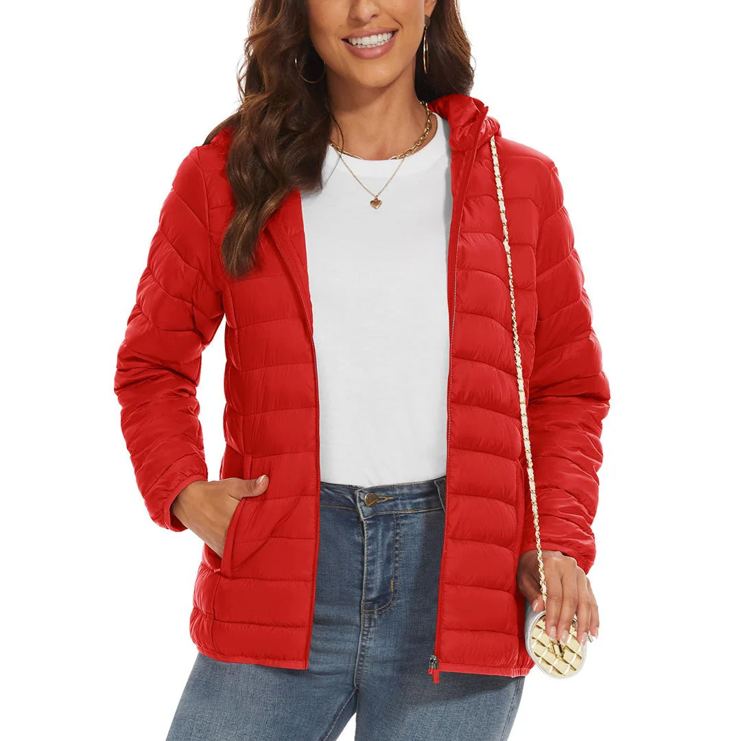 Women's Lightweight Puffer Full-zip Water-Resistant Winter Coat with Hood