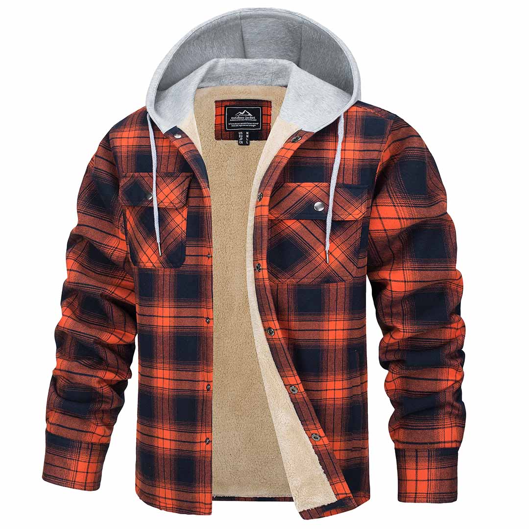 Men's Multiple Pockets Flannel Plaid Shirts Fleece Lining Jacket with Hood