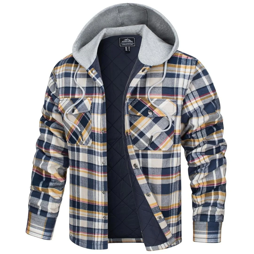 Men's Hooded Thick Plaid Flannel Long Sleeve Winter Cotton Coat with Pockets