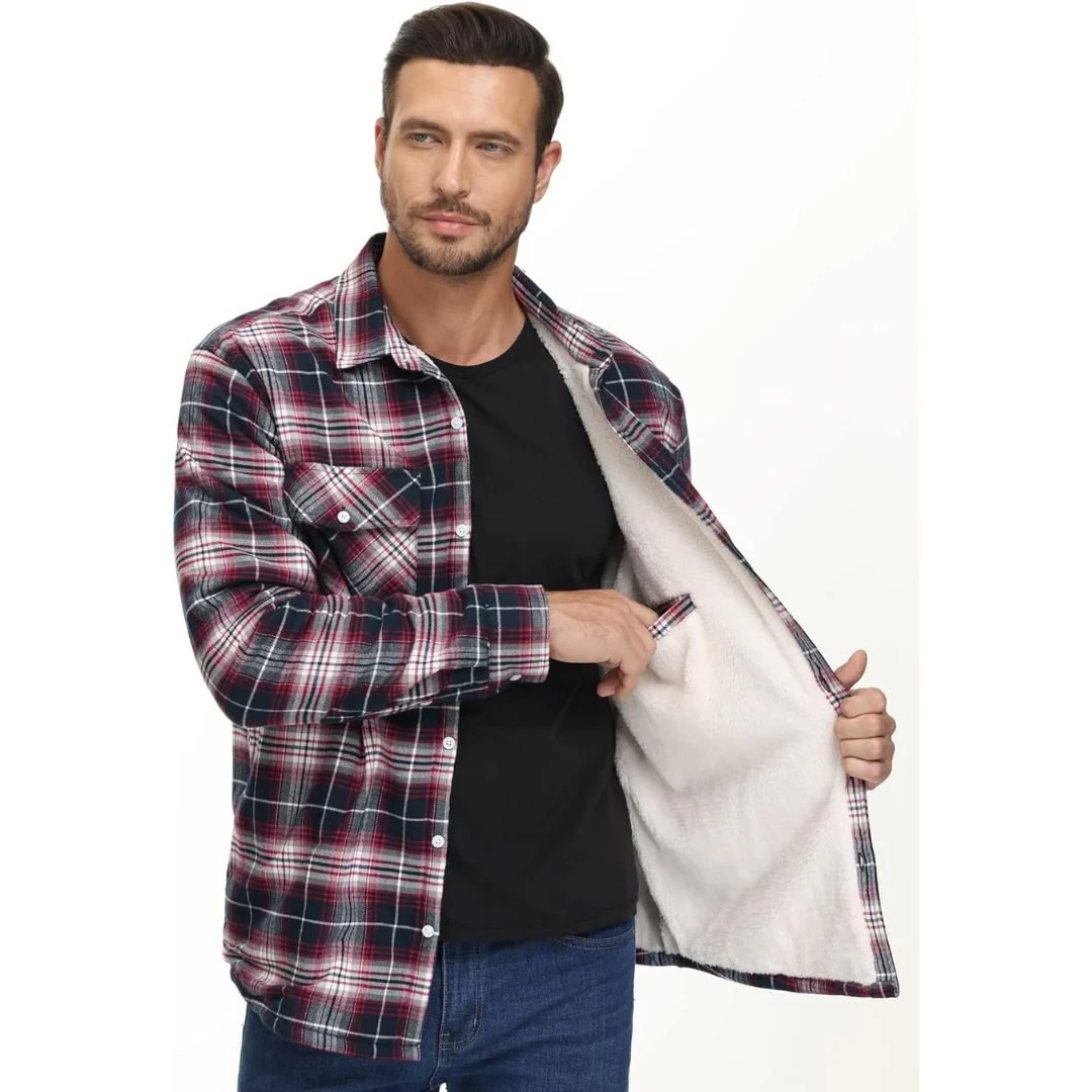Men's Fleece Jackets Flannel Work Shirt Casual Button Down Coat