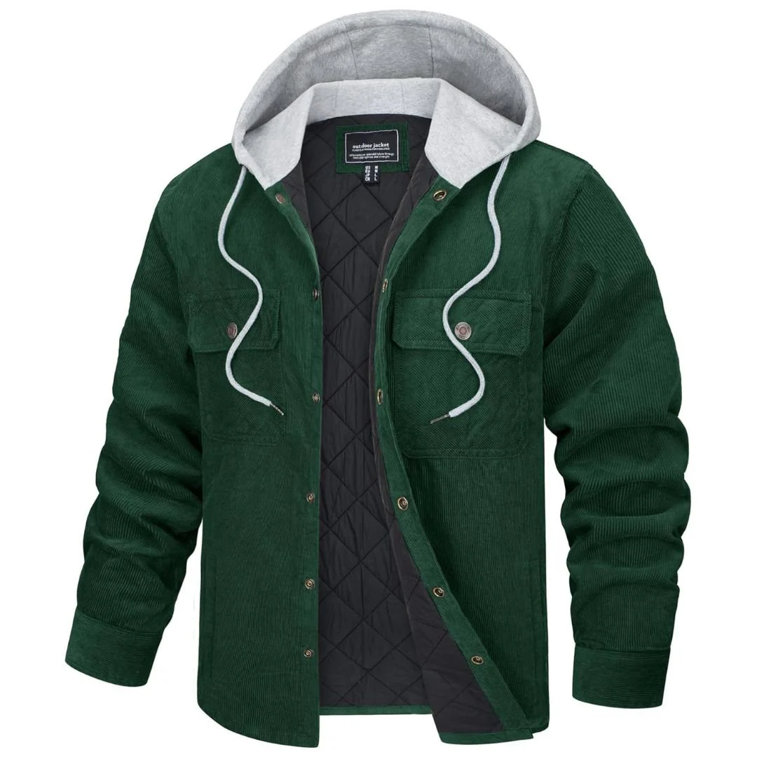 Men's Casual Hooded Corduroy Jacket Cotton Fleece Padded