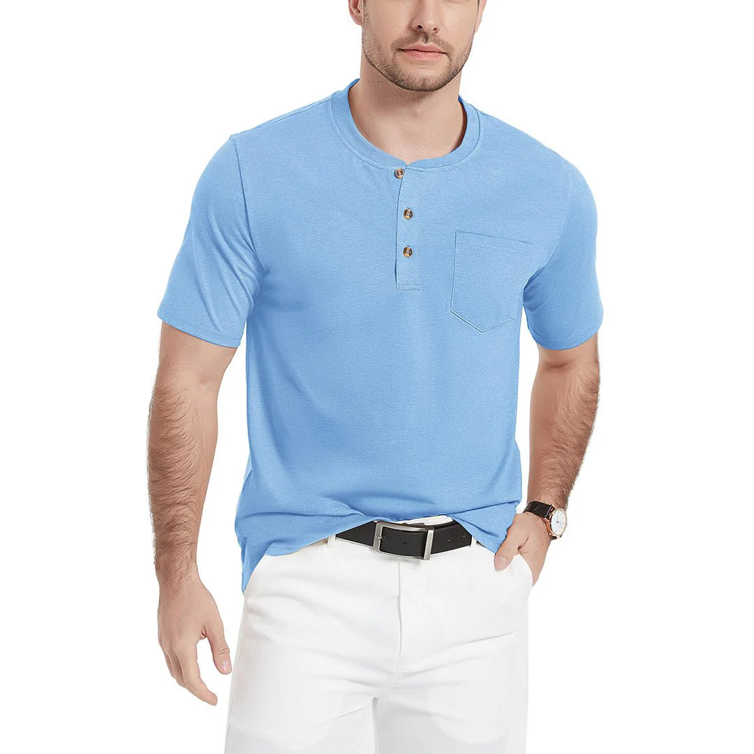 Men's Cotton Casual Henley T-Shirt with Pocket