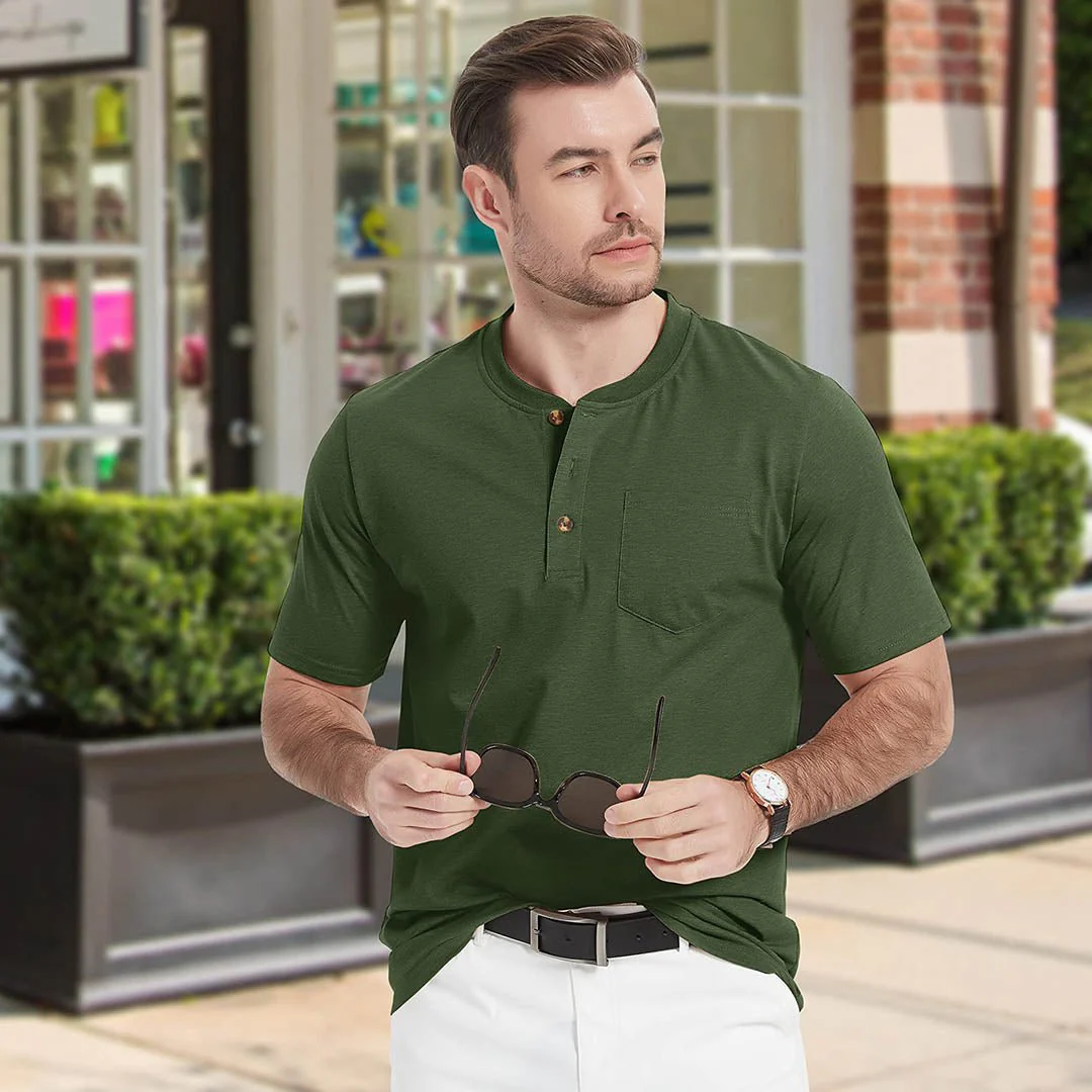 Men's Cotton Casual Henley T-Shirt with Pocket