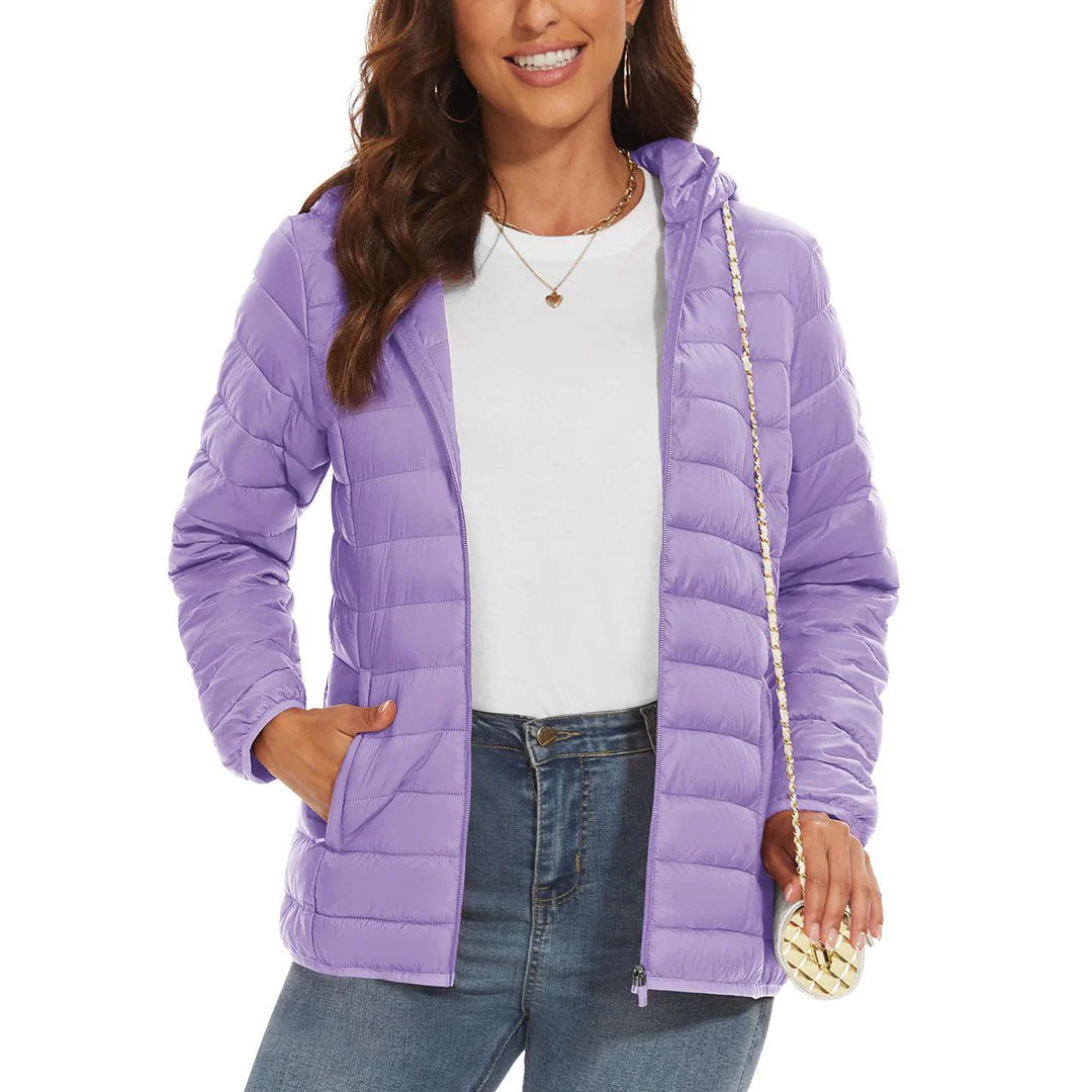 Women's Lightweight Puffer Full-zip Water-Resistant Winter Coat with Hood