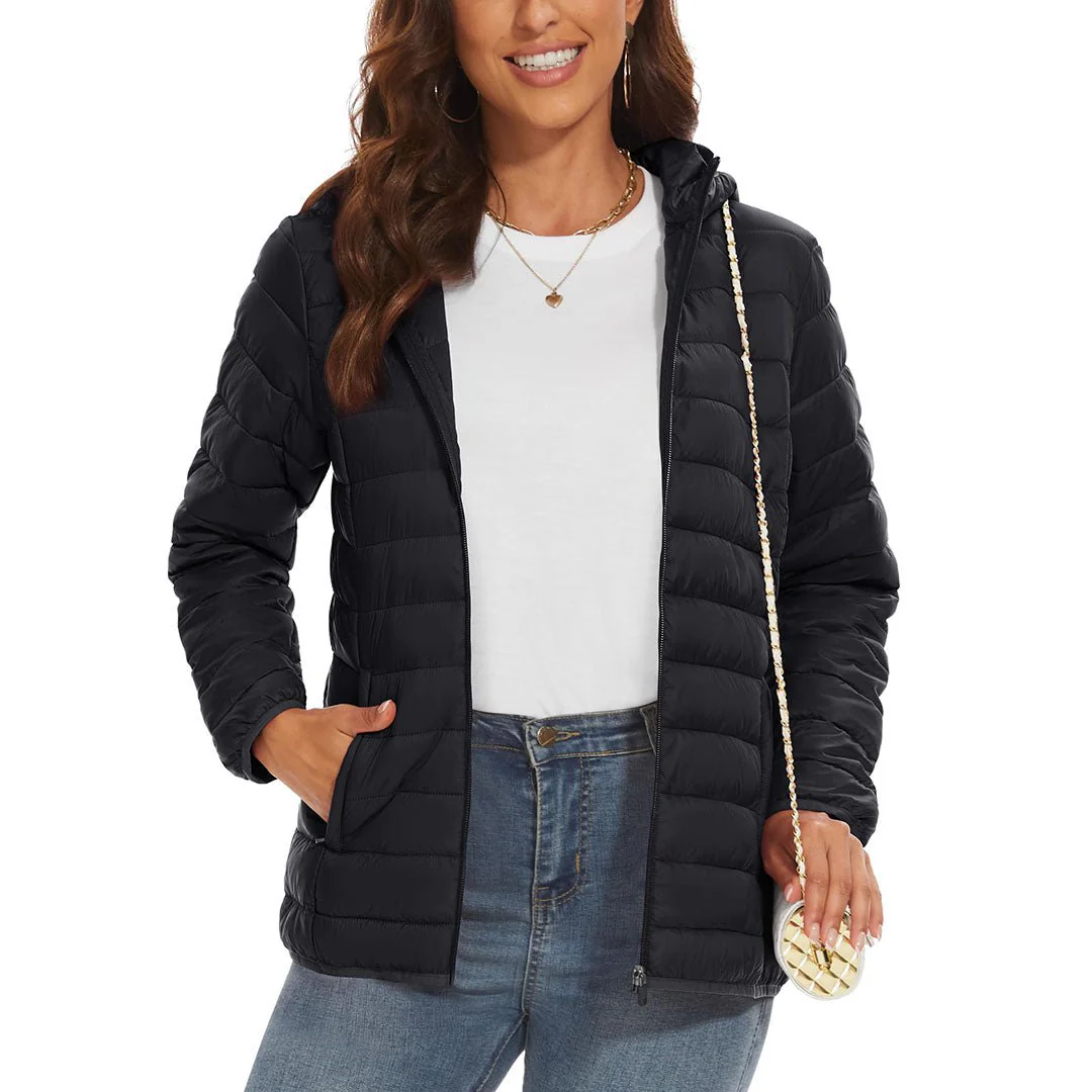 Women's Lightweight Puffer Full-zip Water-Resistant Winter Coat with Hood