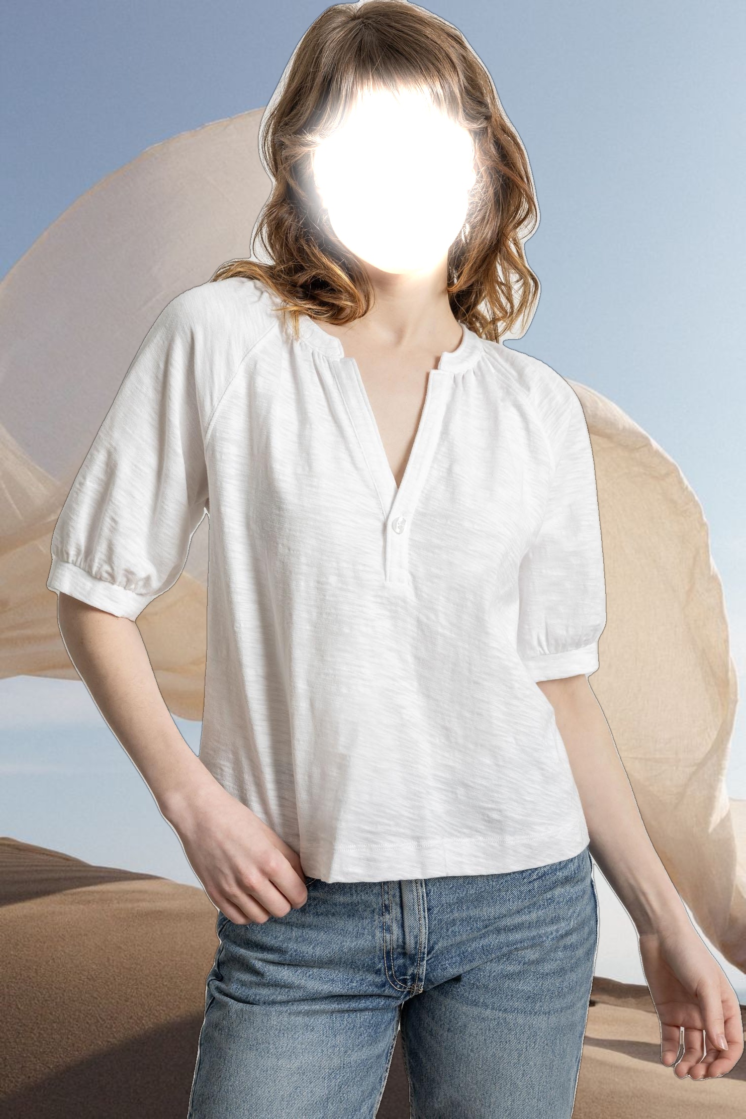 Shirred Split Neck Raglan