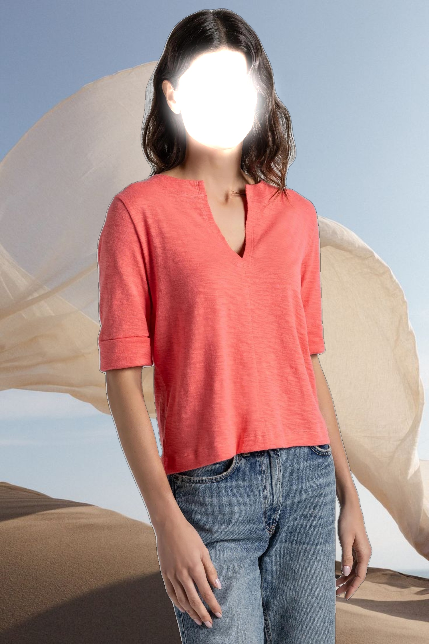 Cuff Sleeve Split Neck