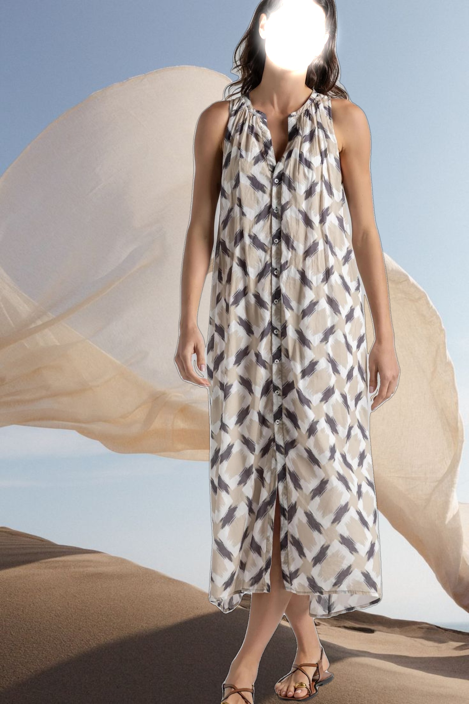 Split Neck Belted Maxi Dress