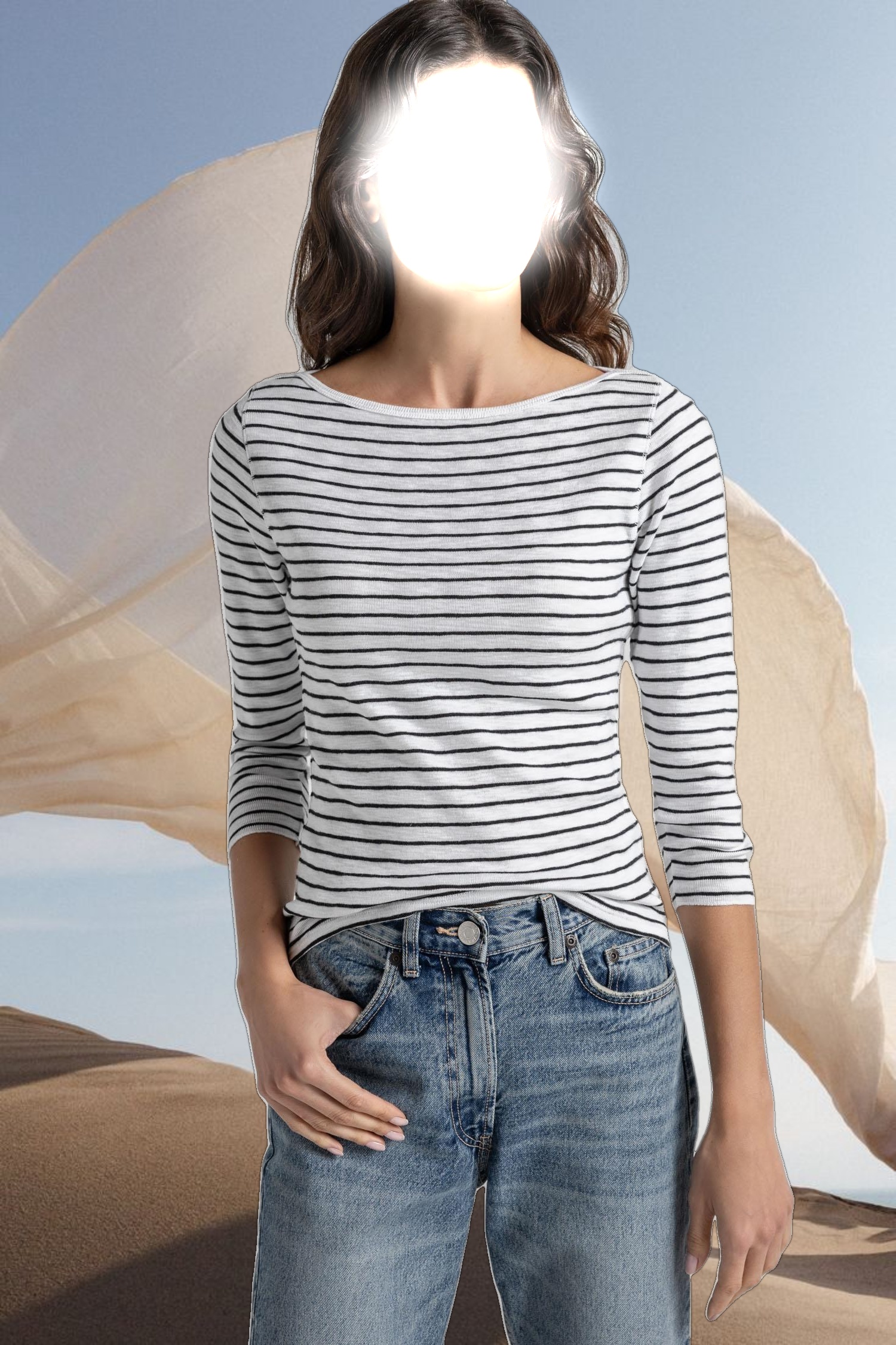 Striped 3/4 Sleeve Boatneck