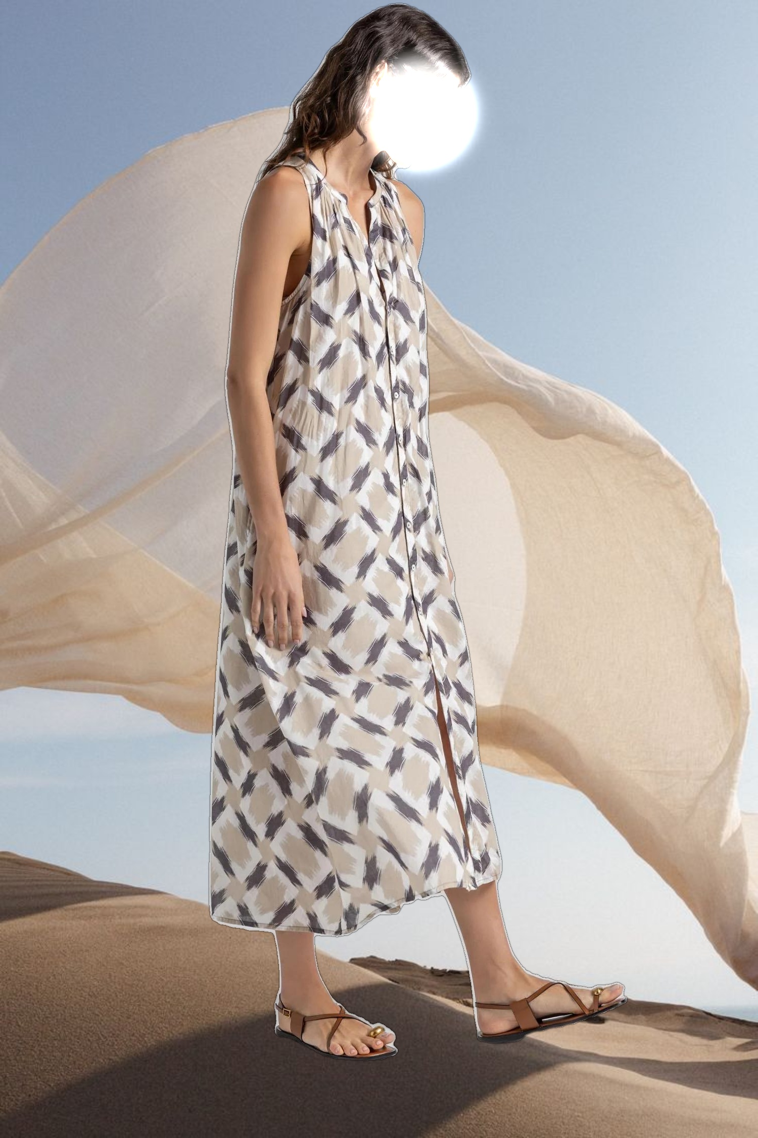 Split Neck Belted Maxi Dress