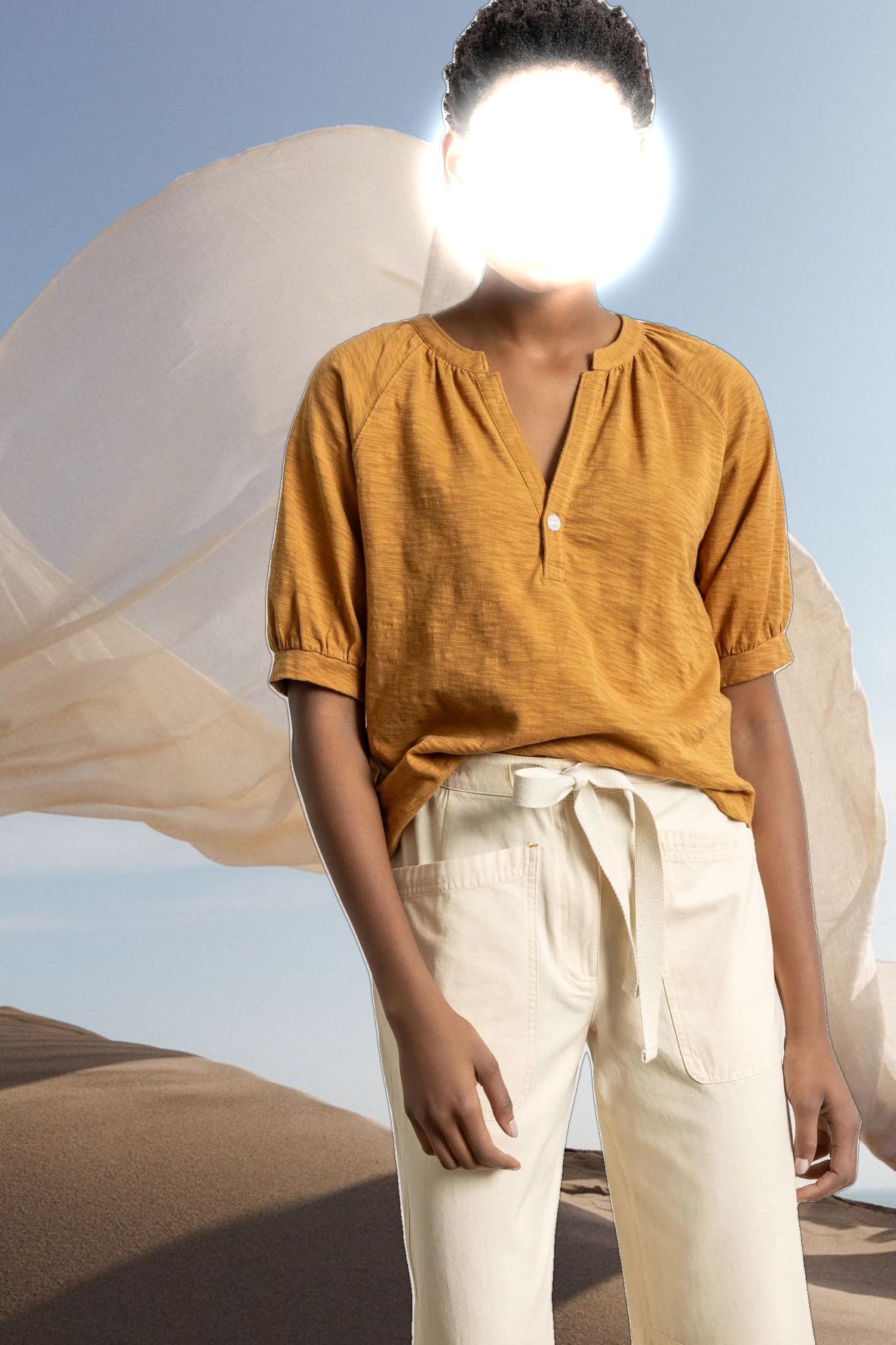 Shirred Split Neck Raglan