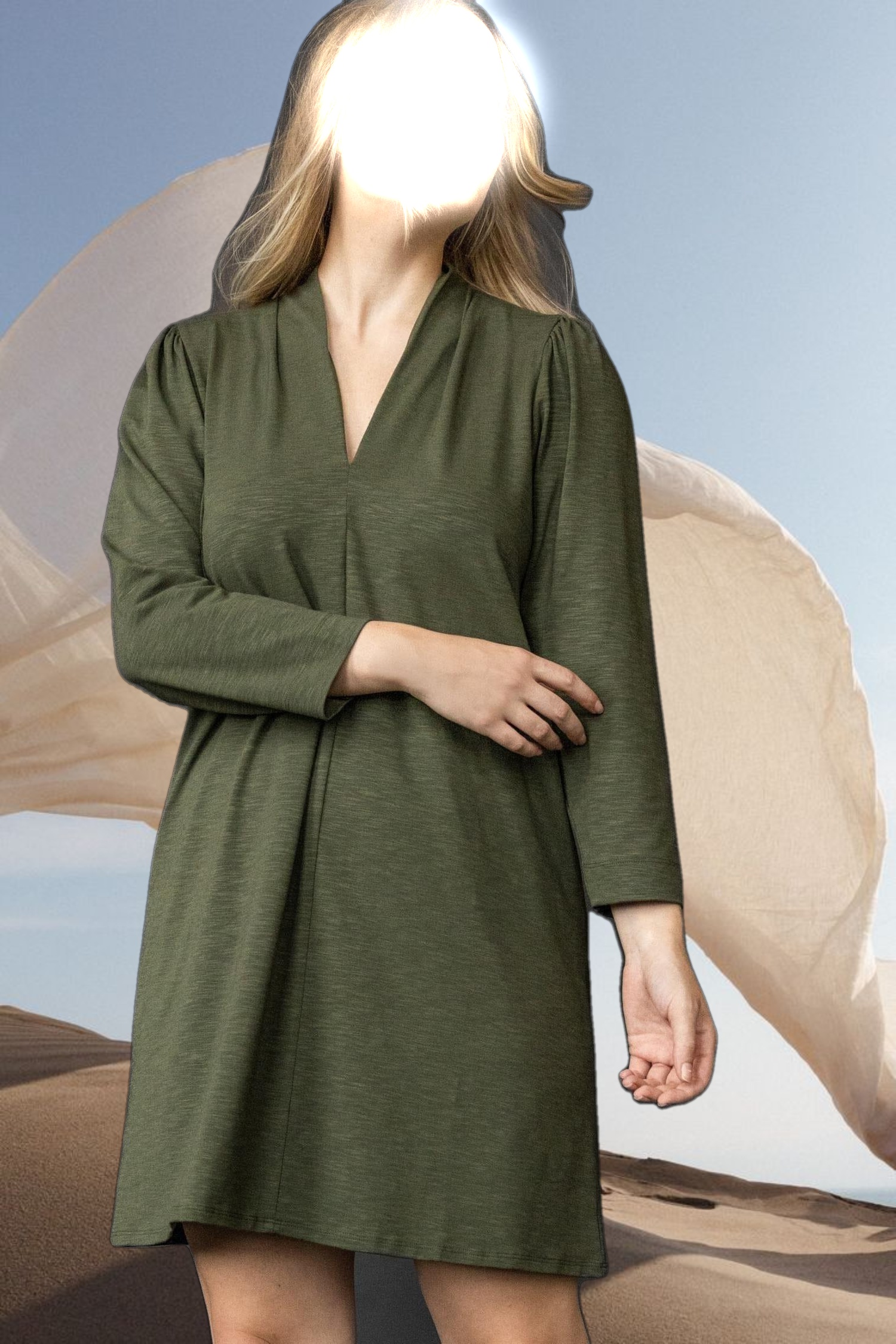 Full Sleeve Split Neck Dress