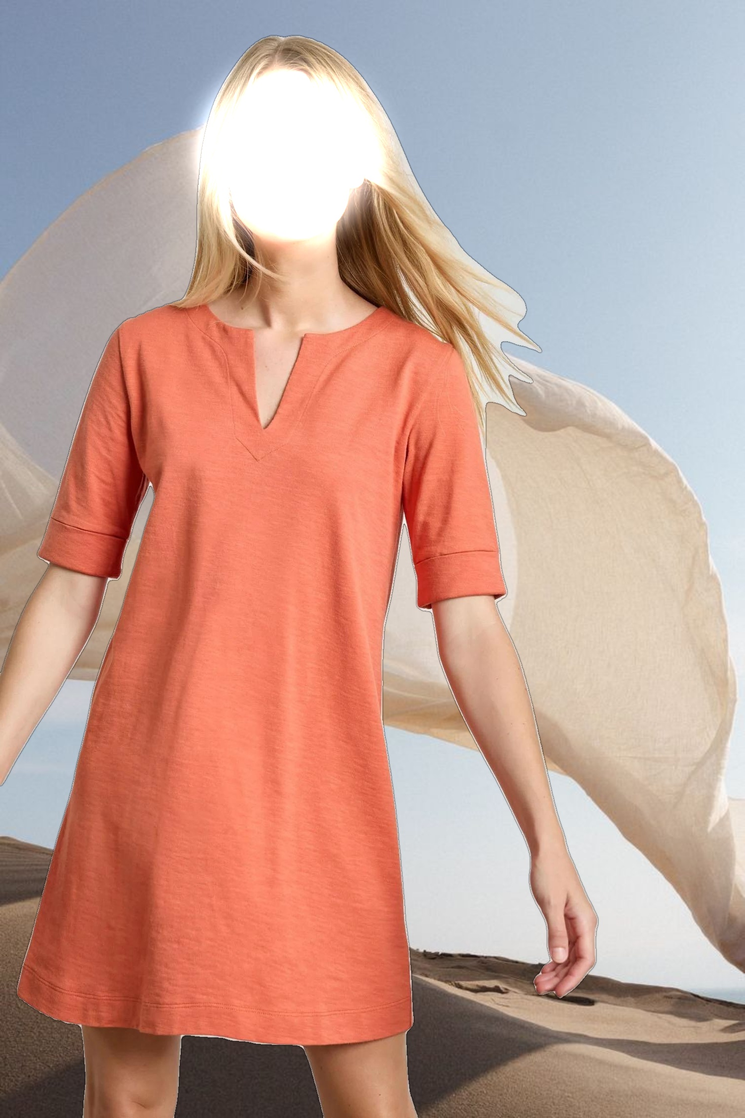 Elbow Sleeve Split Neck Dress