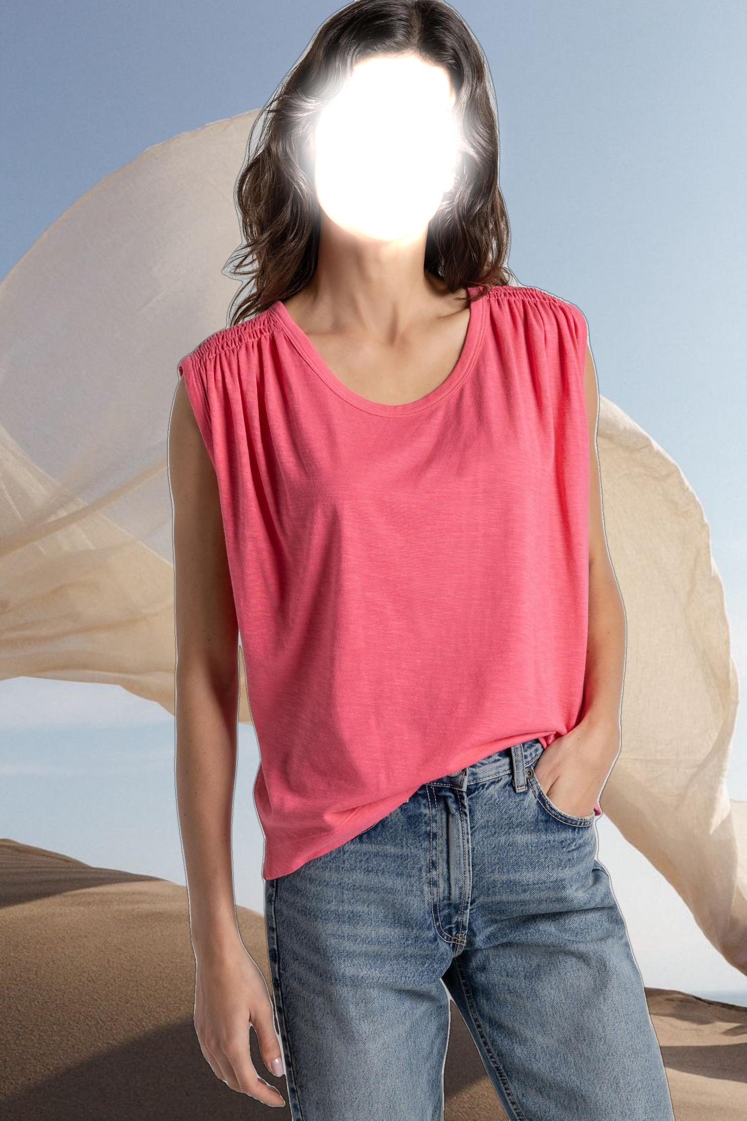 Shirred Shoulder Scoop Neck Tee