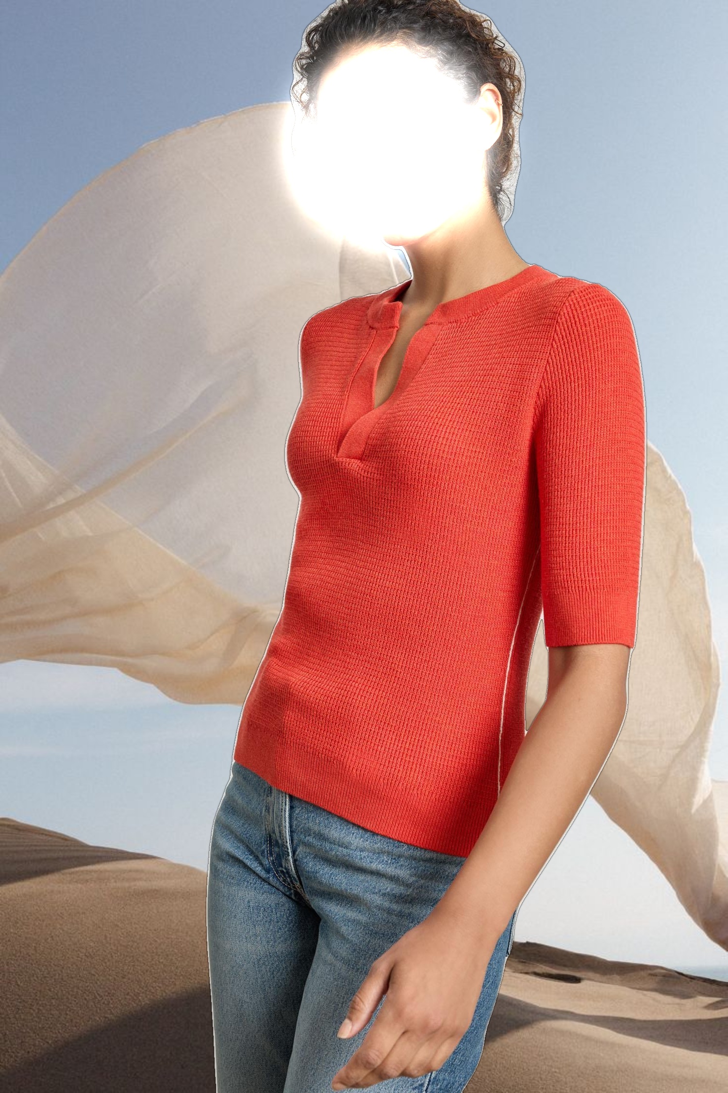 Elbow Sleeve Split Neck Sweater