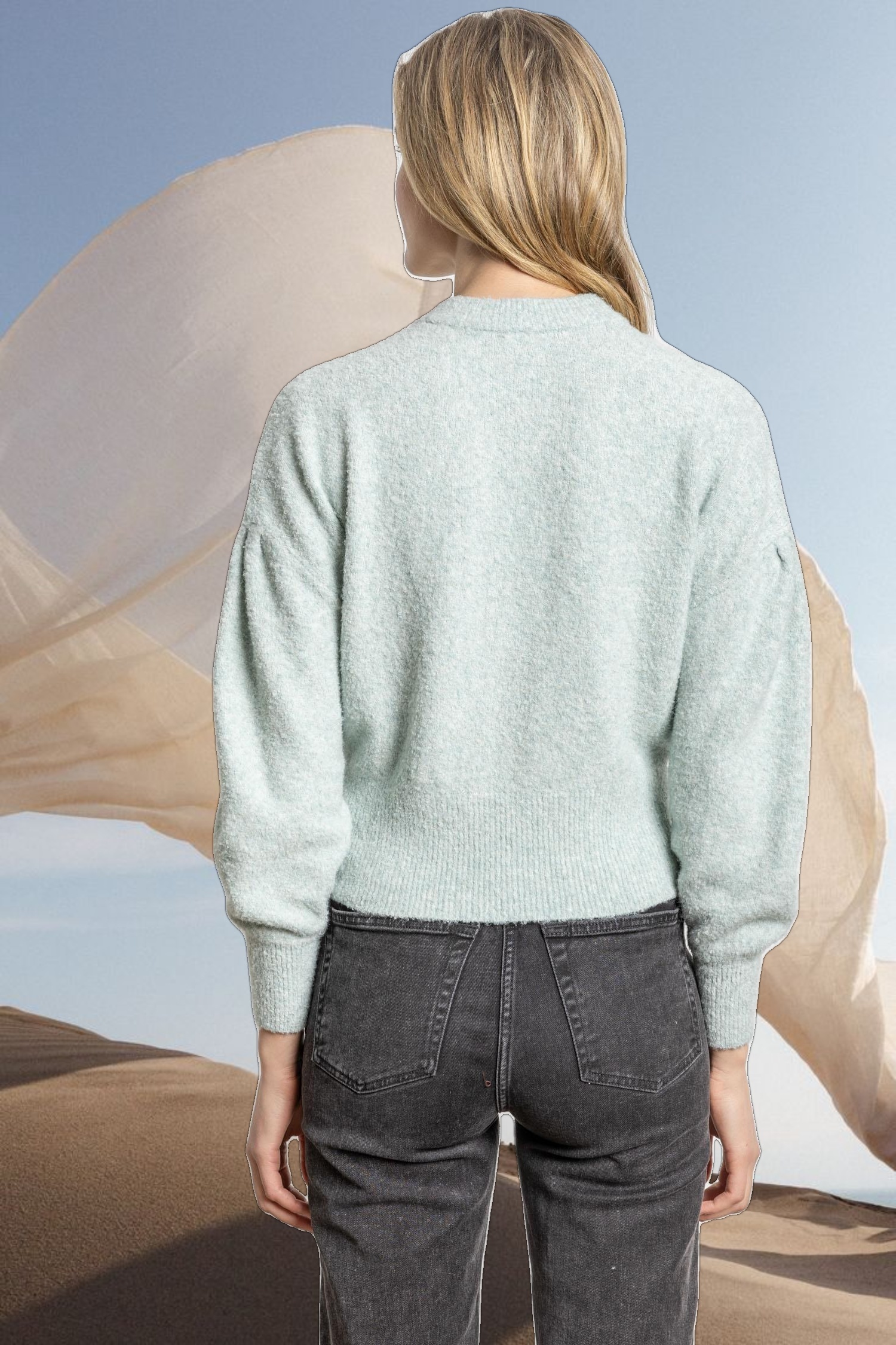 Pleated Sleeve Crewneck Sweater