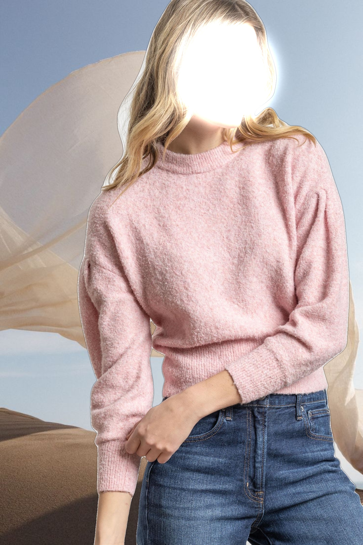 Pleated Sleeve Crewneck Sweater