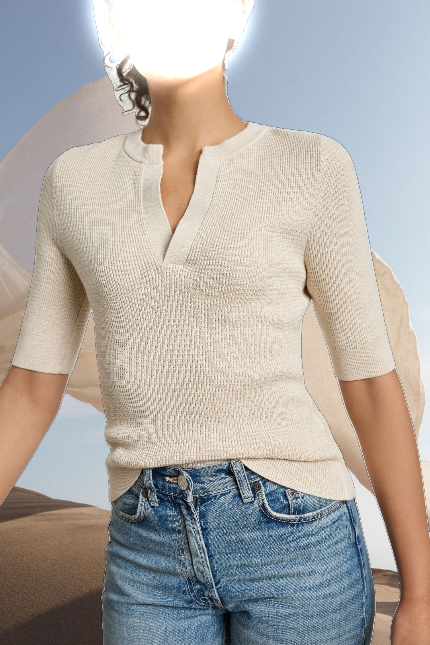 Elbow Sleeve Split Neck Sweater