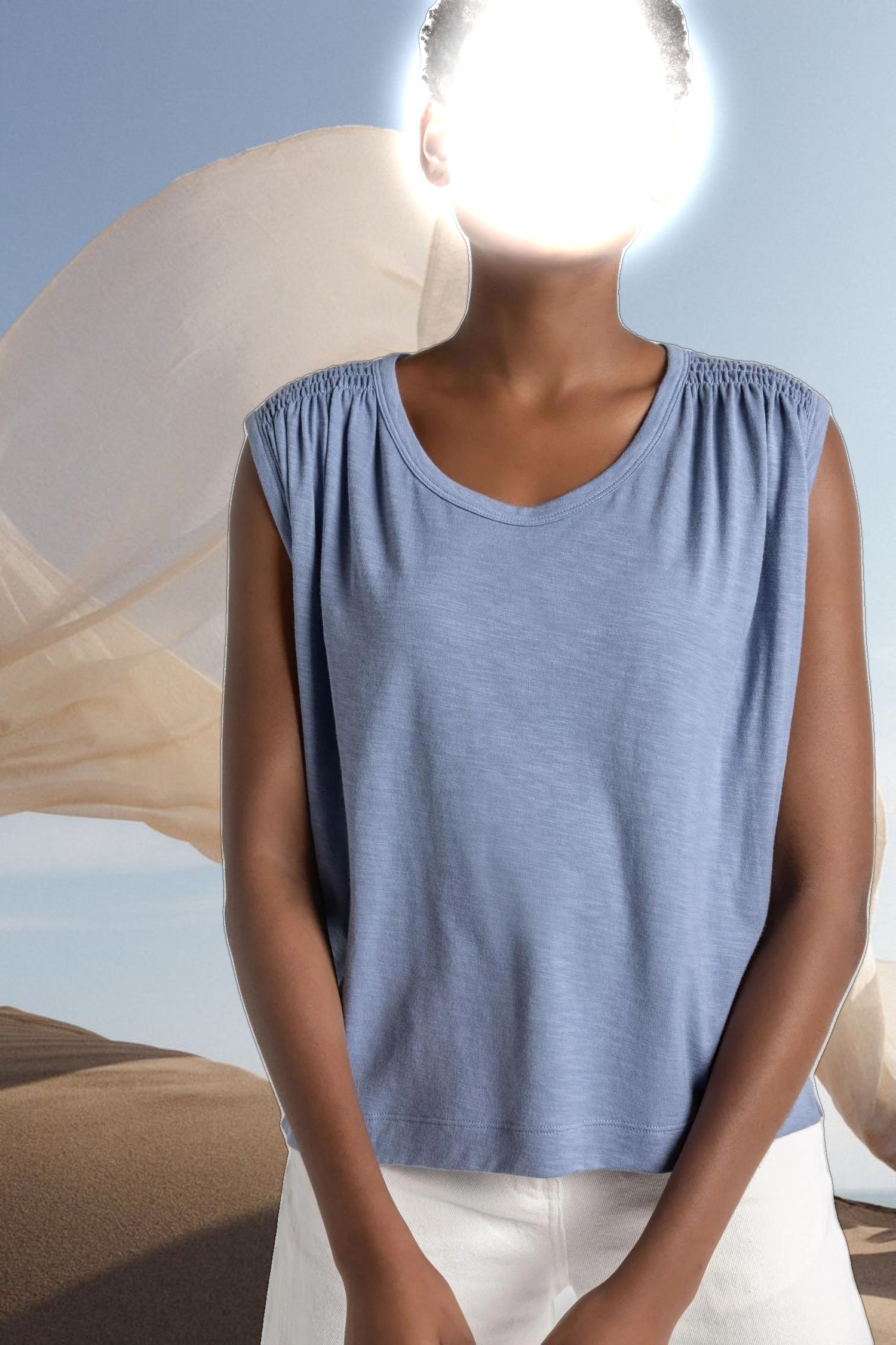 Shirred Shoulder Scoop Neck Tee