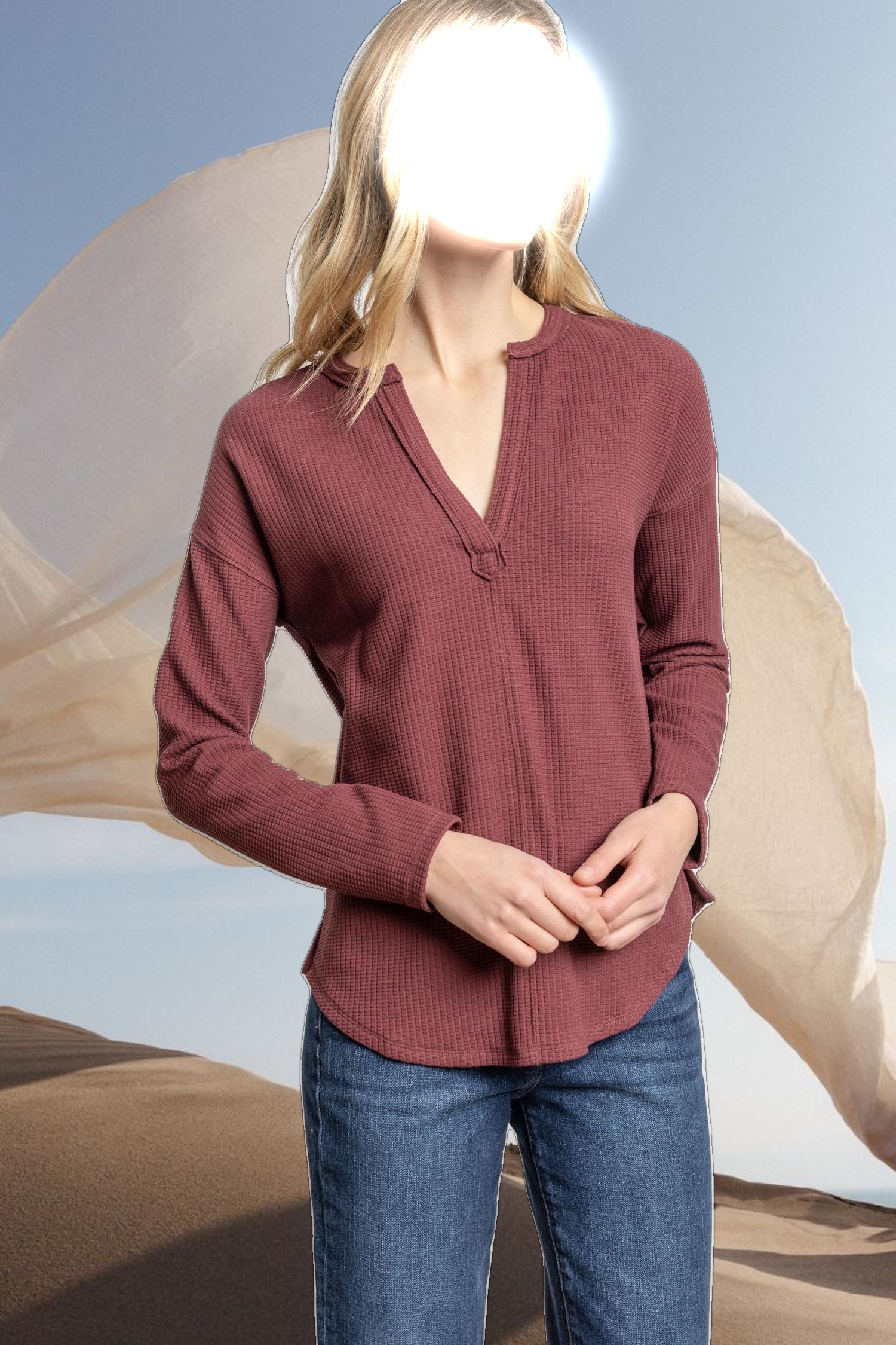 Rounded Hem Split Neck