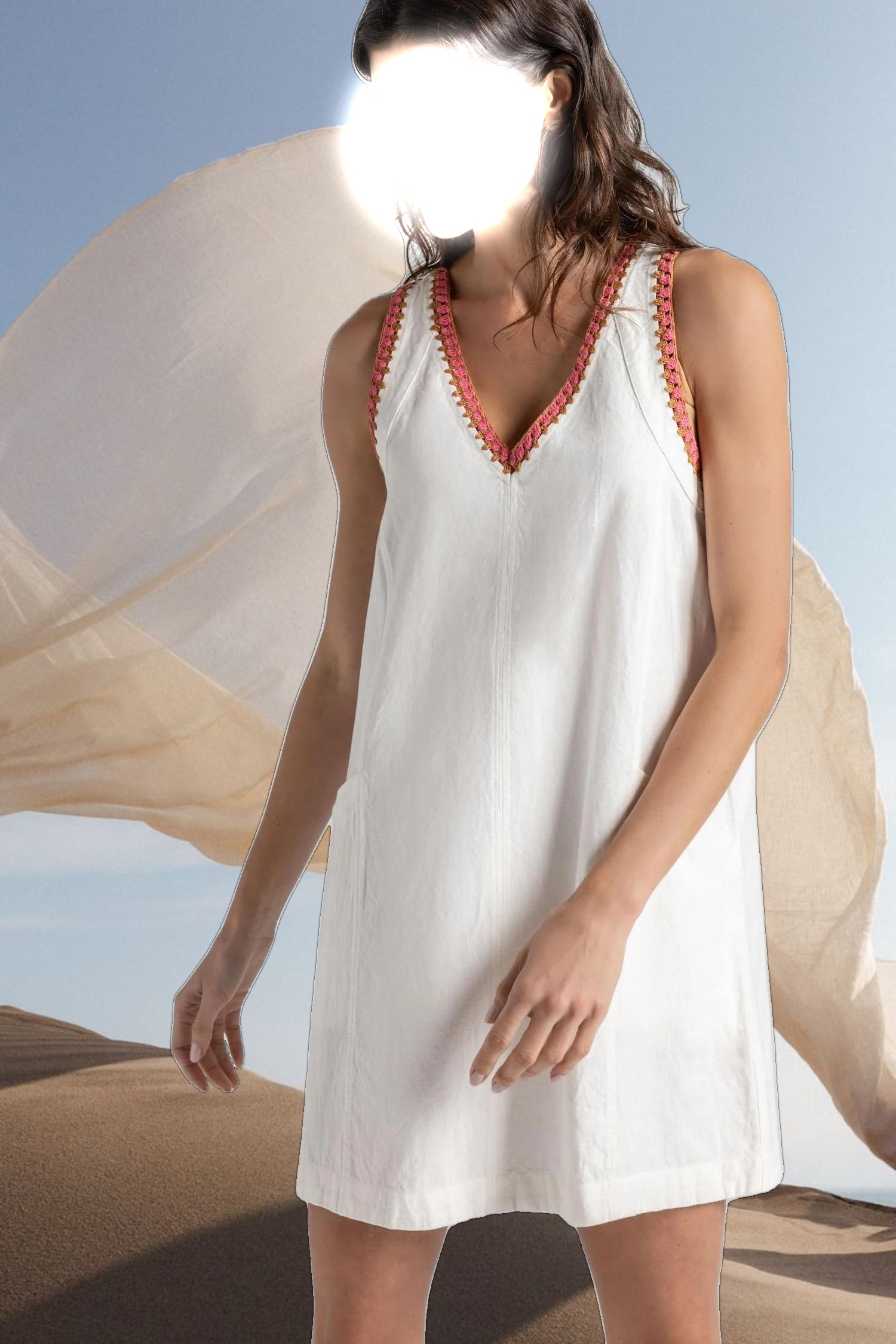 Crochet Trim V-Neck Dress