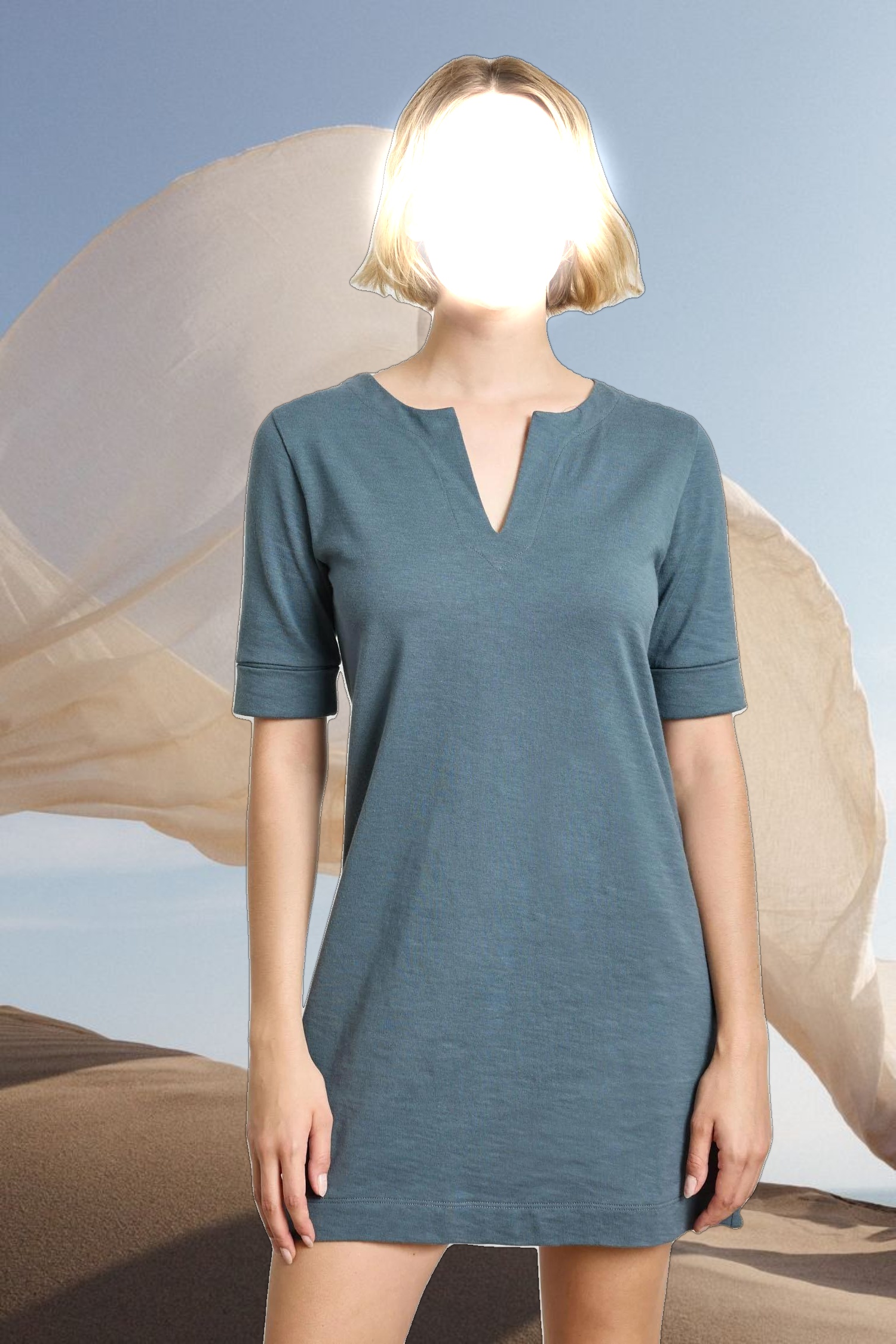 Elbow Sleeve Split Neck Dress