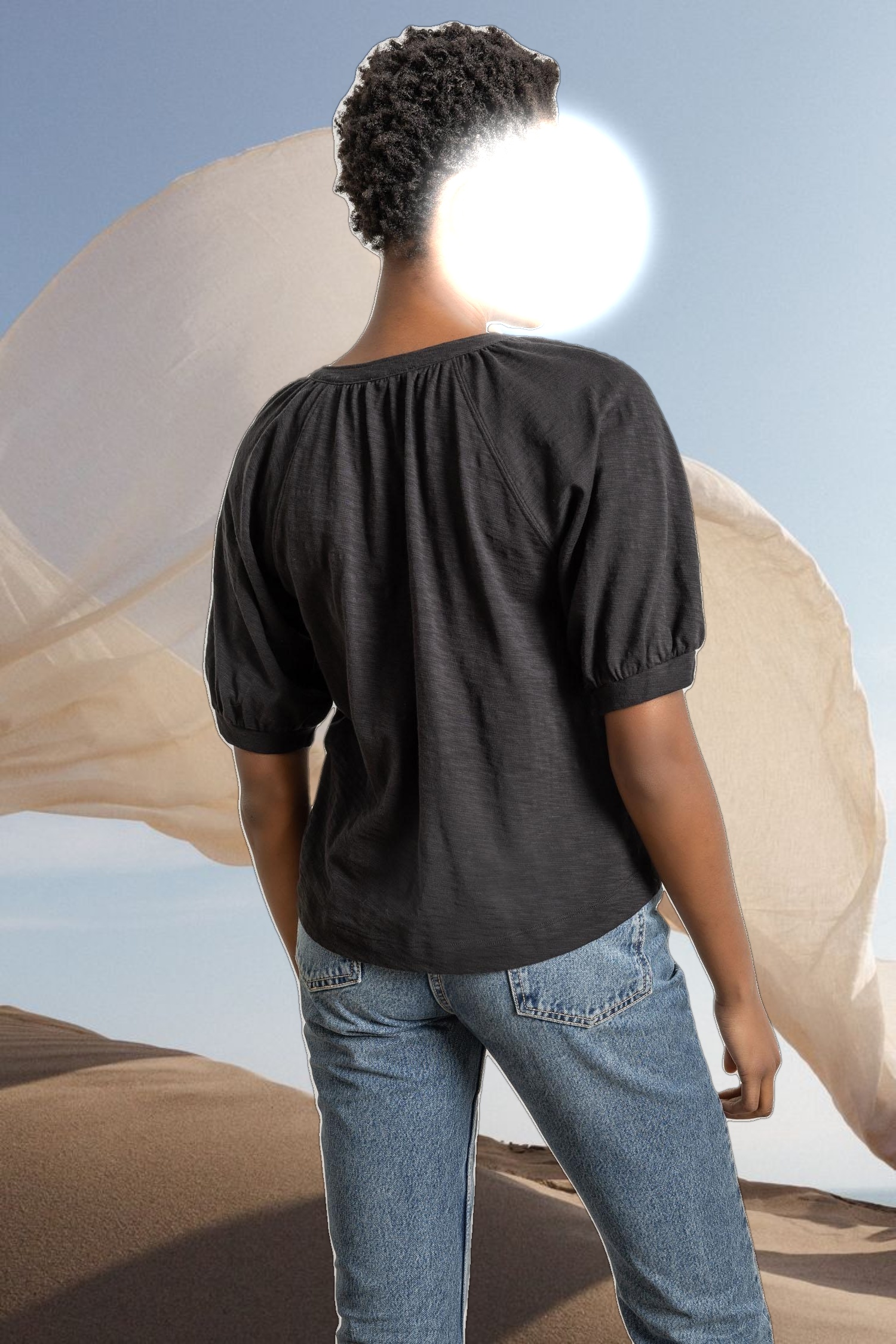 Shirred Split Neck Raglan