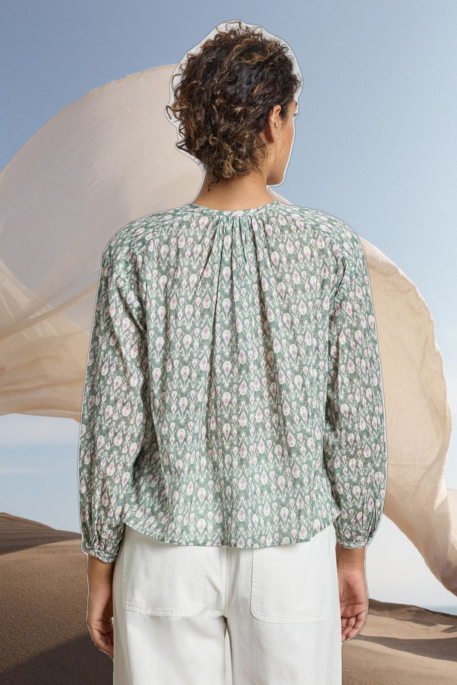 Long Sleeve Shirred Blouse