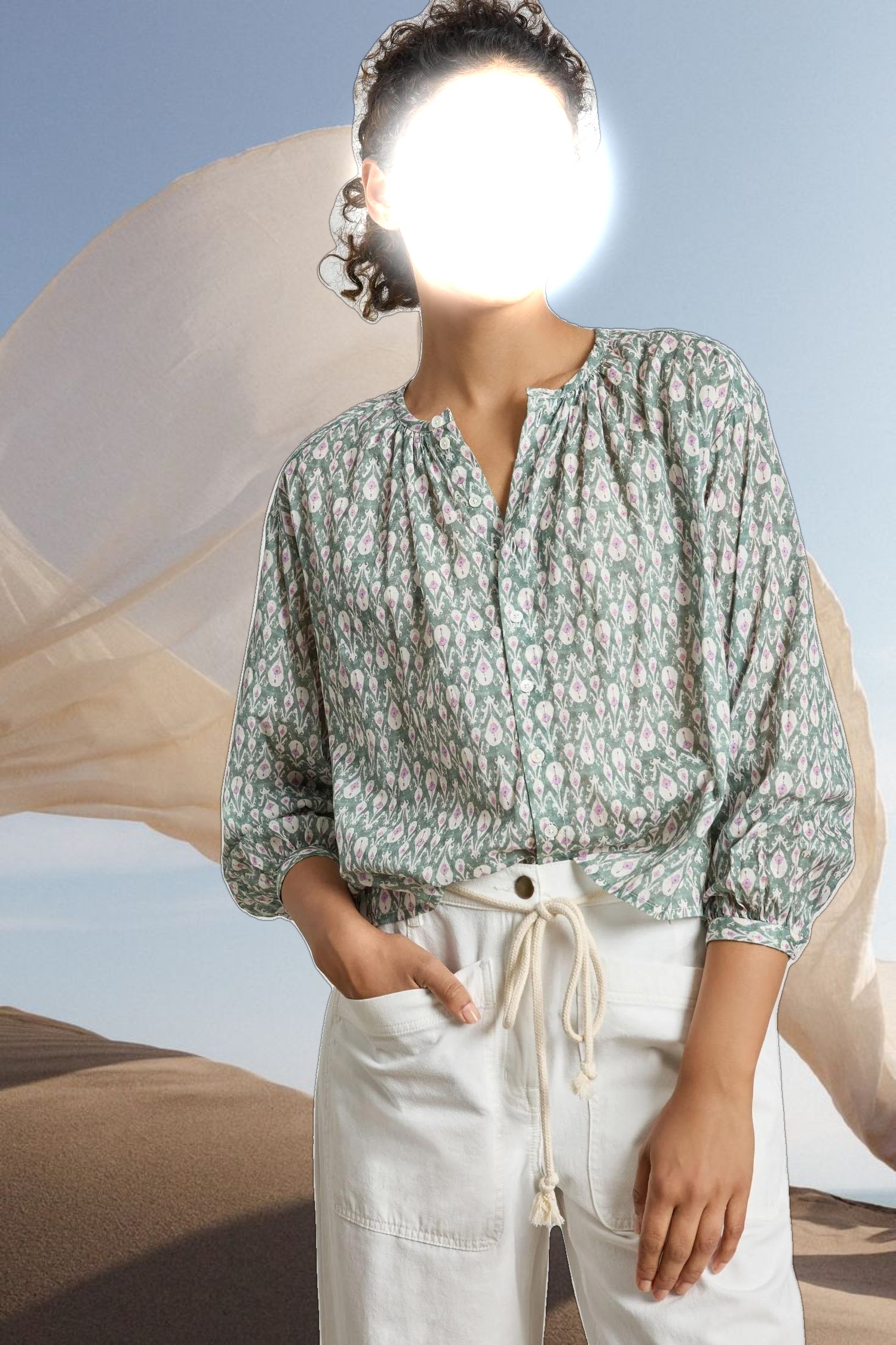 Long Sleeve Shirred Blouse