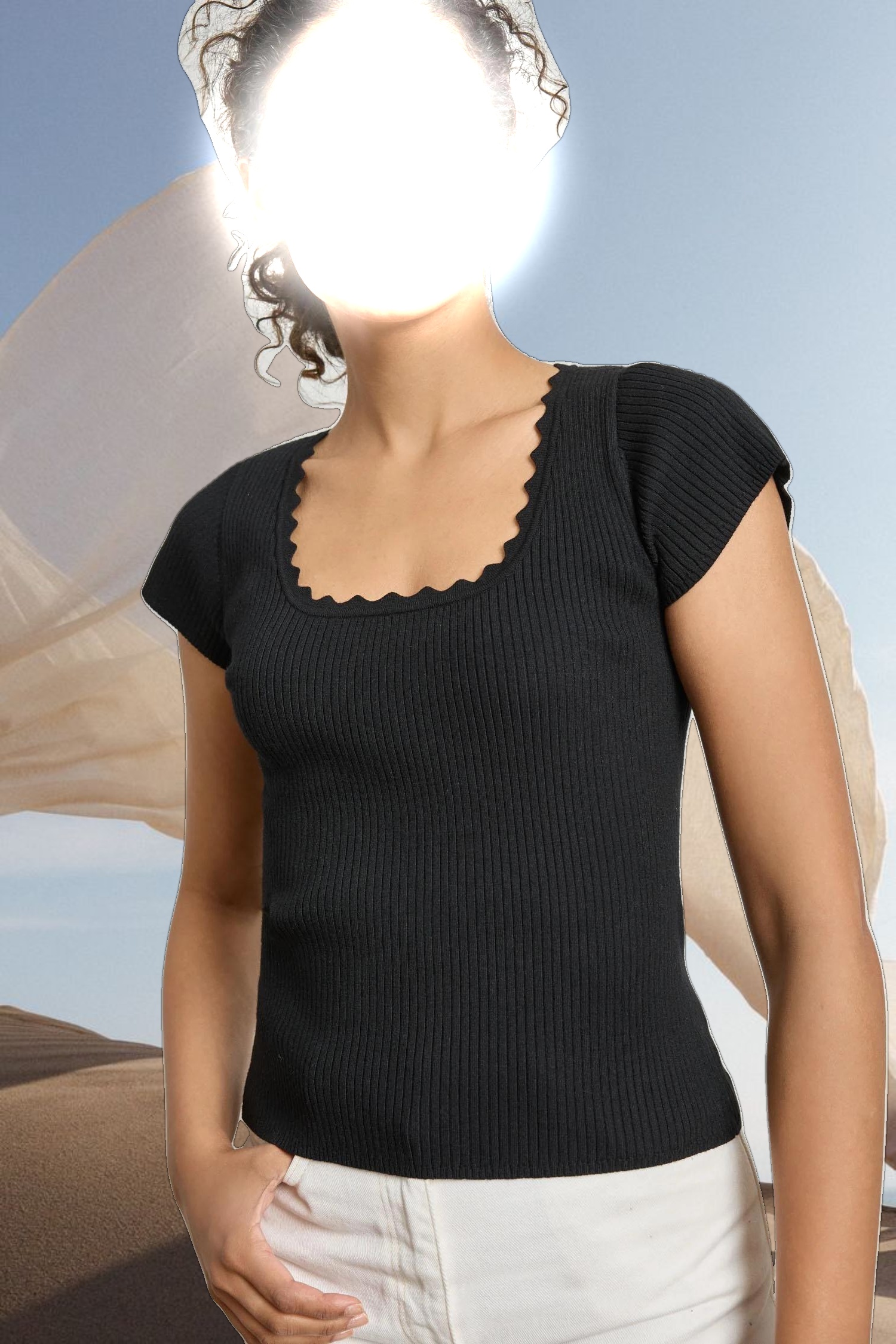Cap Sleeve Scallop Neck Sweater