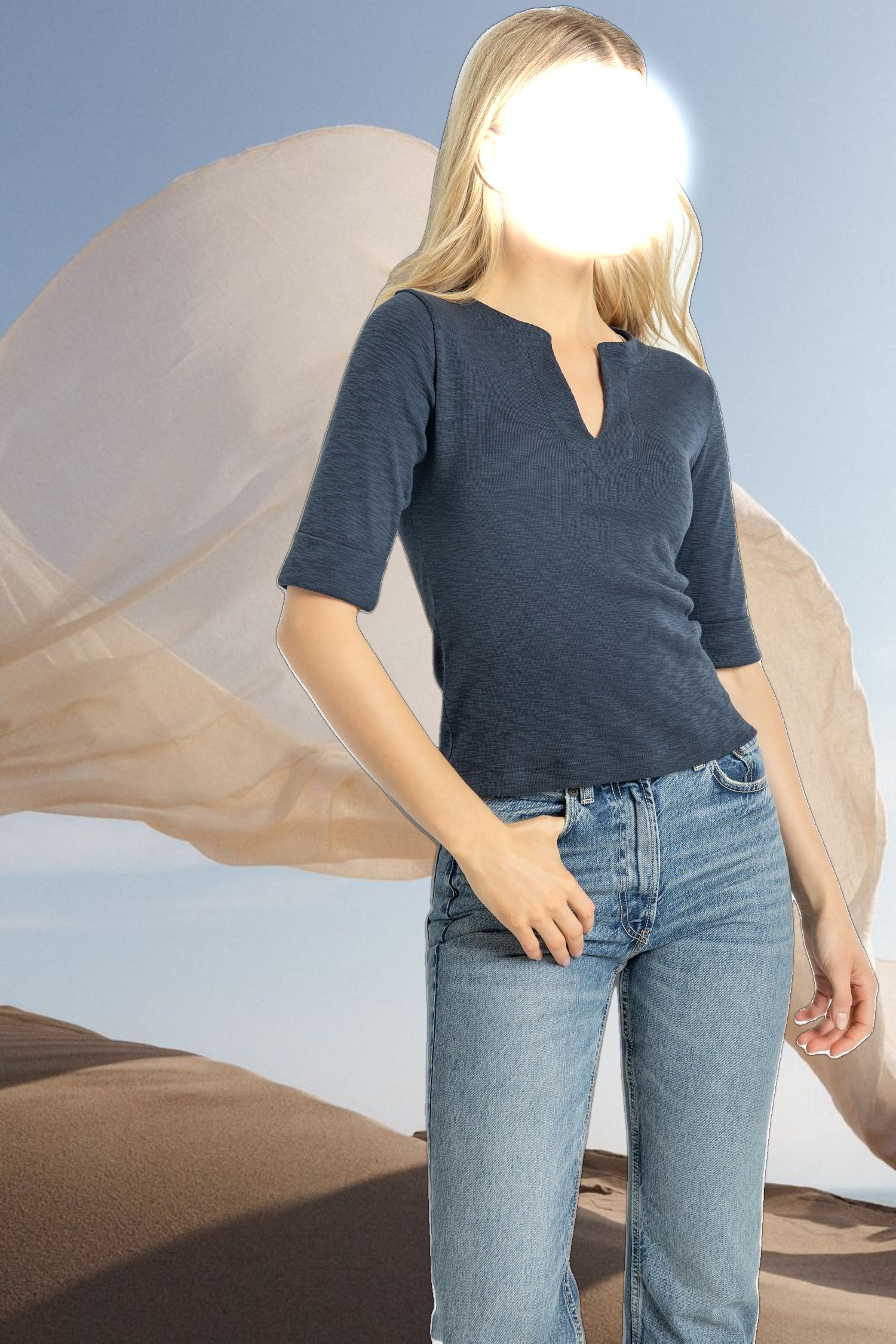 Cuffed Elbow Sleeve V-Neck