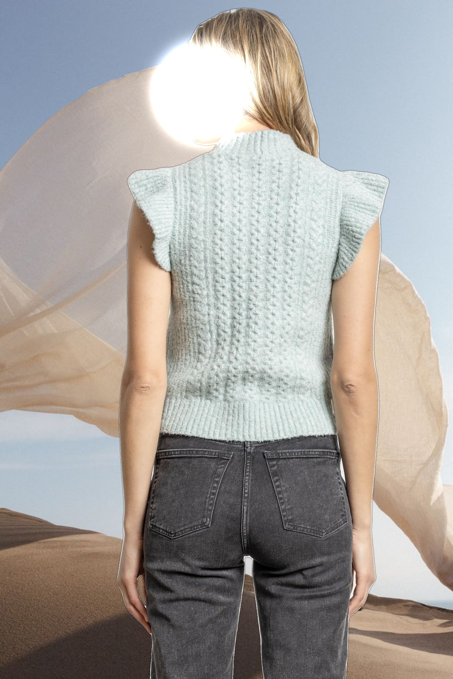 Flutter Sleeve Mock Neck Sweater