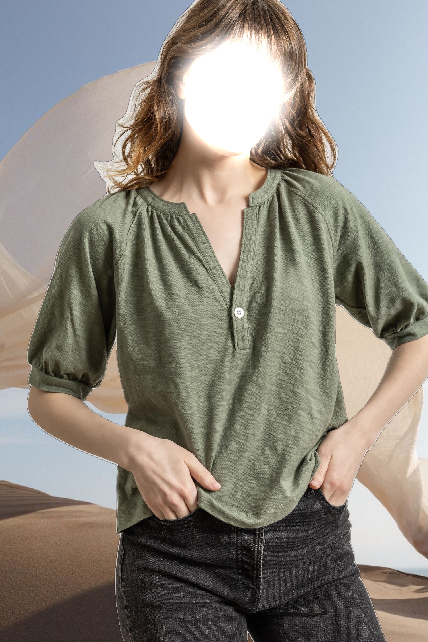 Shirred Split Neck Raglan