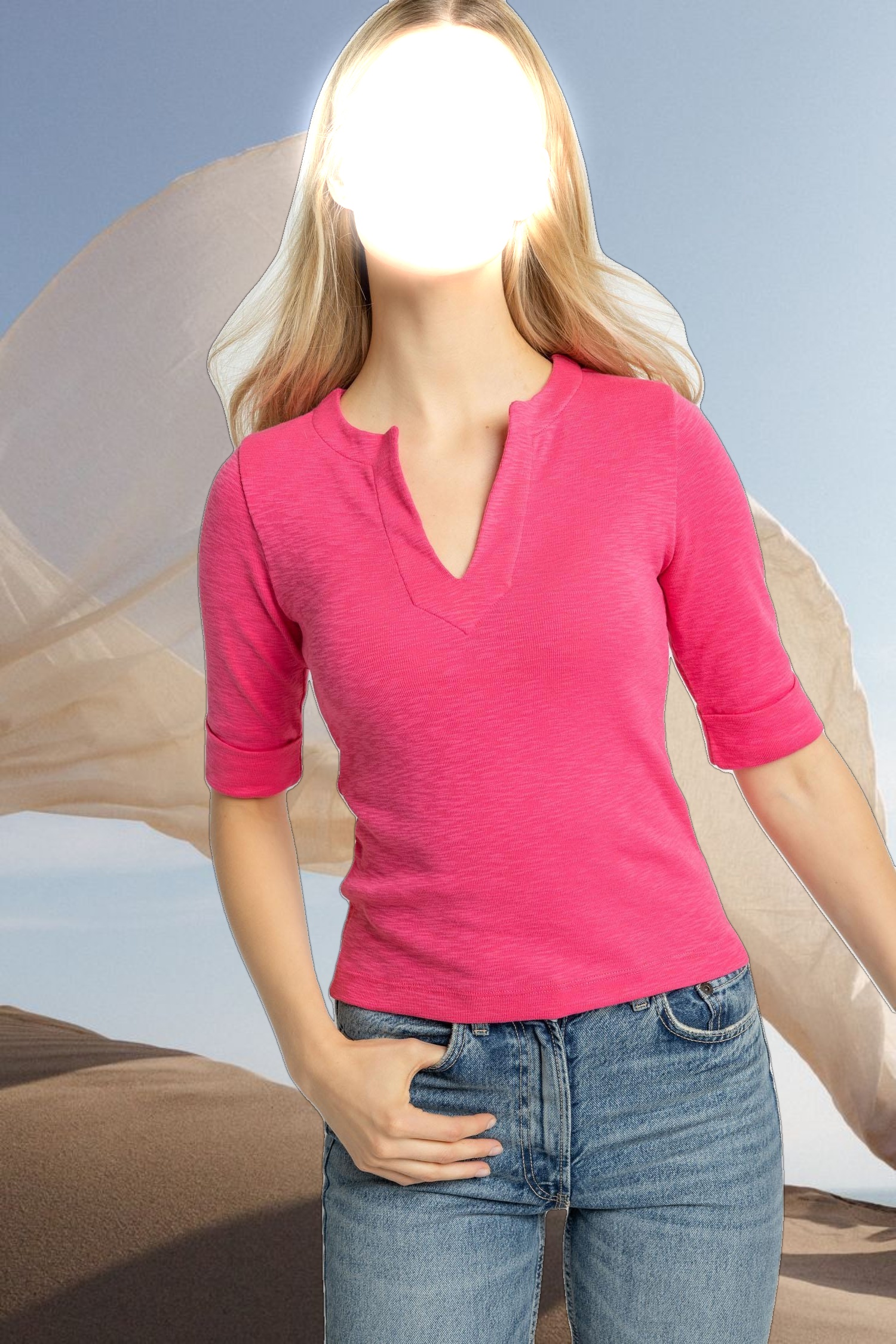 Cuffed Elbow Sleeve V-Neck