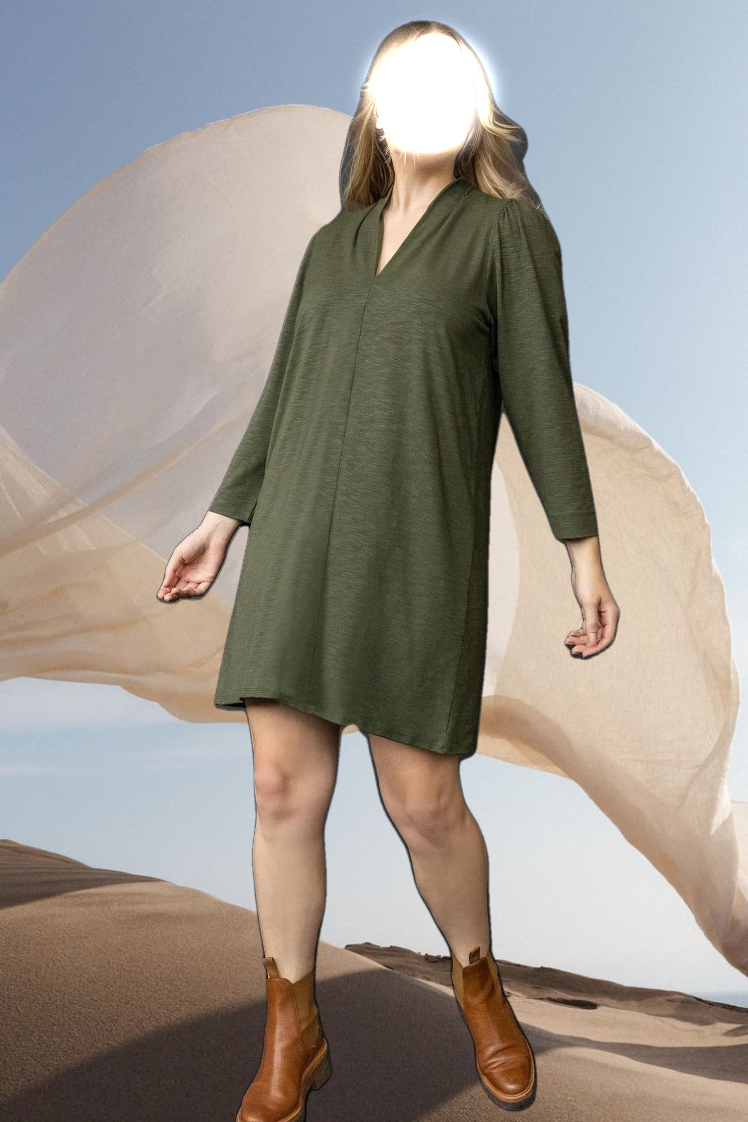 Full Sleeve Split Neck Dress