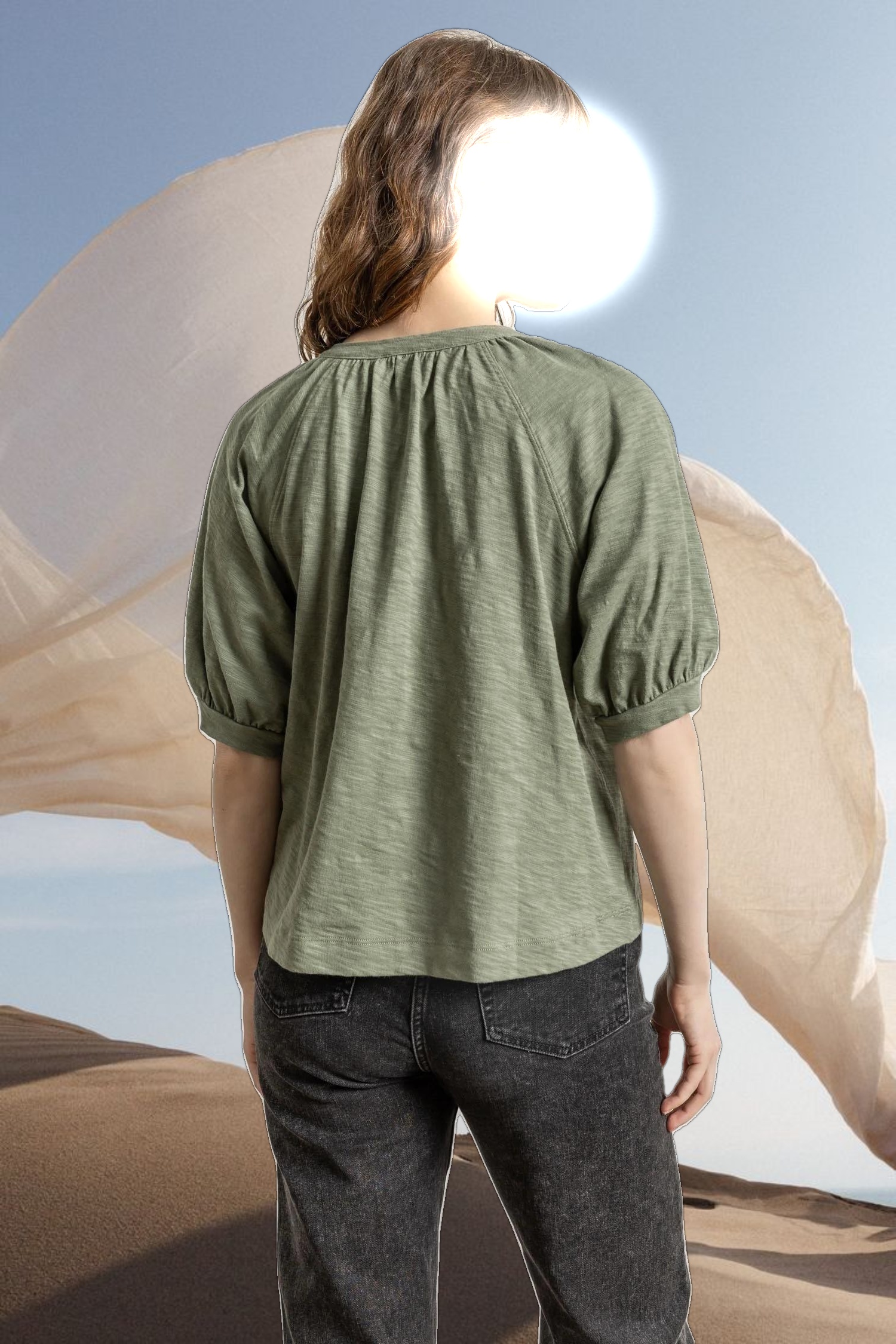 Shirred Split Neck Raglan