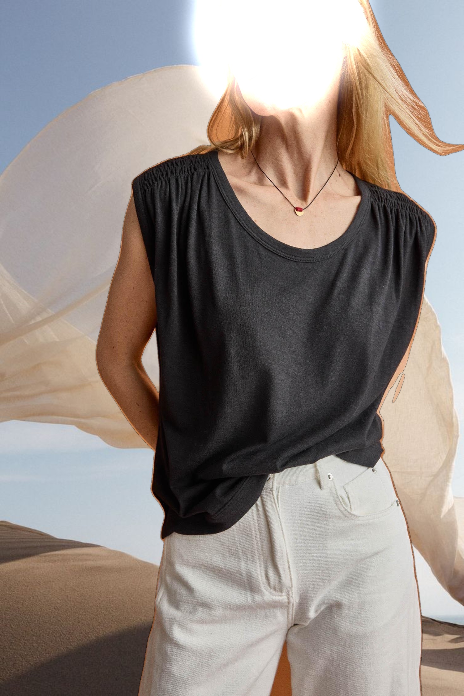 Shirred Shoulder Scoop Neck Tee